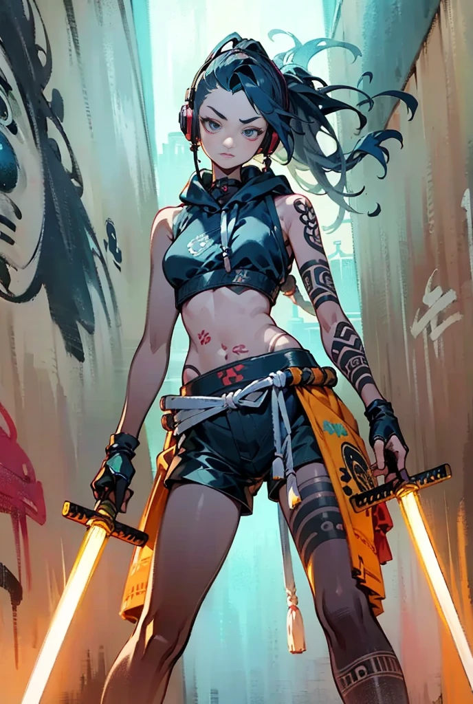 20-year-old woman、Russian、Very long, thick, messy dreadlocks、Sunburned skin、He is posing with an ancient Japanese sword in each hand.、（A futuristic, mechanized cyberpunk outfit、Large headphones hanging around his neck、White hoodie with Japanese kanji characters、A large number of colorful prayer beads are wrapped around her arm.、Leather gloves with exposed fingers、Black and white tribal hot pants、Cyber Sneakers、Standing surrounded by concrete、Spray-painted graffiti on the wall、Chinese character tattoo on navel
