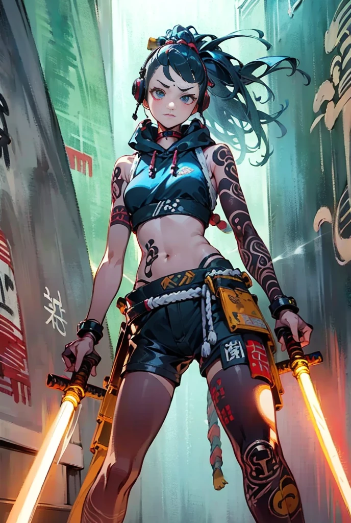 20-year-old woman、Russian、Very long, thick, messy dreadlocks、Sunburned skin、He is posing with an ancient Japanese sword in each hand.、（A futuristic, mechanized cyberpunk outfit、Large headphones hanging around his neck、White hoodie with Japanese kanji characters、A large number of colorful prayer beads are wrapped around her arm.、Leather gloves with exposed fingers、Black and white tribal hot pants、Cyber Sneakers、Standing surrounded by concrete、Spray-painted graffiti on the wall、Chinese character tattoo on navel
