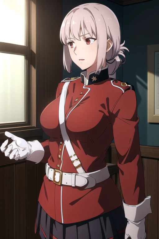 (high resolution, best quality, textile shading:1.2), (detailed, beautiful detailed eyes, super detailed skin:1.1), (caustics, ambient light, sunlight, hard shadows:1.1), large breasts, military uniform, red jacket, strap between breasts, white gloves, belt, pleated skirt, black skirt, white pantyhose