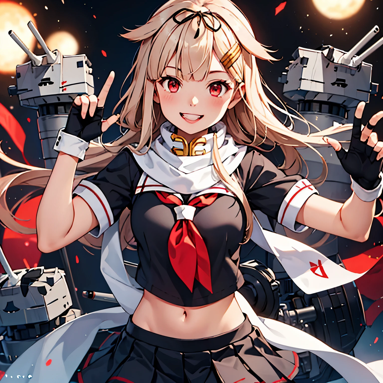 [One girl, (Yuudachi Kai Ni \(Kantai Collection)\]
,(masterpiece:1.4),(最high quality:1.4), (high quality:1.4),(Very detailed:1.4),(Exquisite:1.4), Art CG,8k,1 girl solo,whole body,(Happy smile:1.4),
Hair flap, White scarf, Hair Clip, Red neckerchief, Black Sailor Suit, Black Skirt, Fingerless gloves, Black Shirt, Short sleeve

