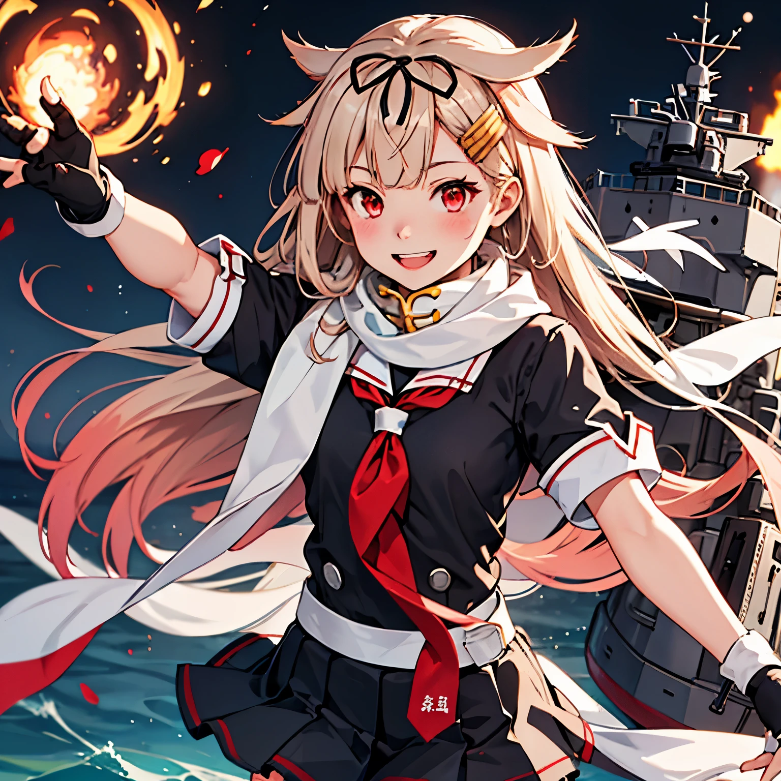 [One girl, (Yuudachi Kai Ni \(Kantai Collection)\]
,(masterpiece:1.4),(最high quality:1.4), (high quality:1.4),(Very detailed:1.4),(Exquisite:1.4), Art CG,8k,1 girl solo,whole body,(Happy smile:1.4),
Hair flap, White scarf, Hair Clip, Red neckerchief, Black Sailor Suit, Black Skirt, Fingerless gloves, Black Shirt, Short sleeve

