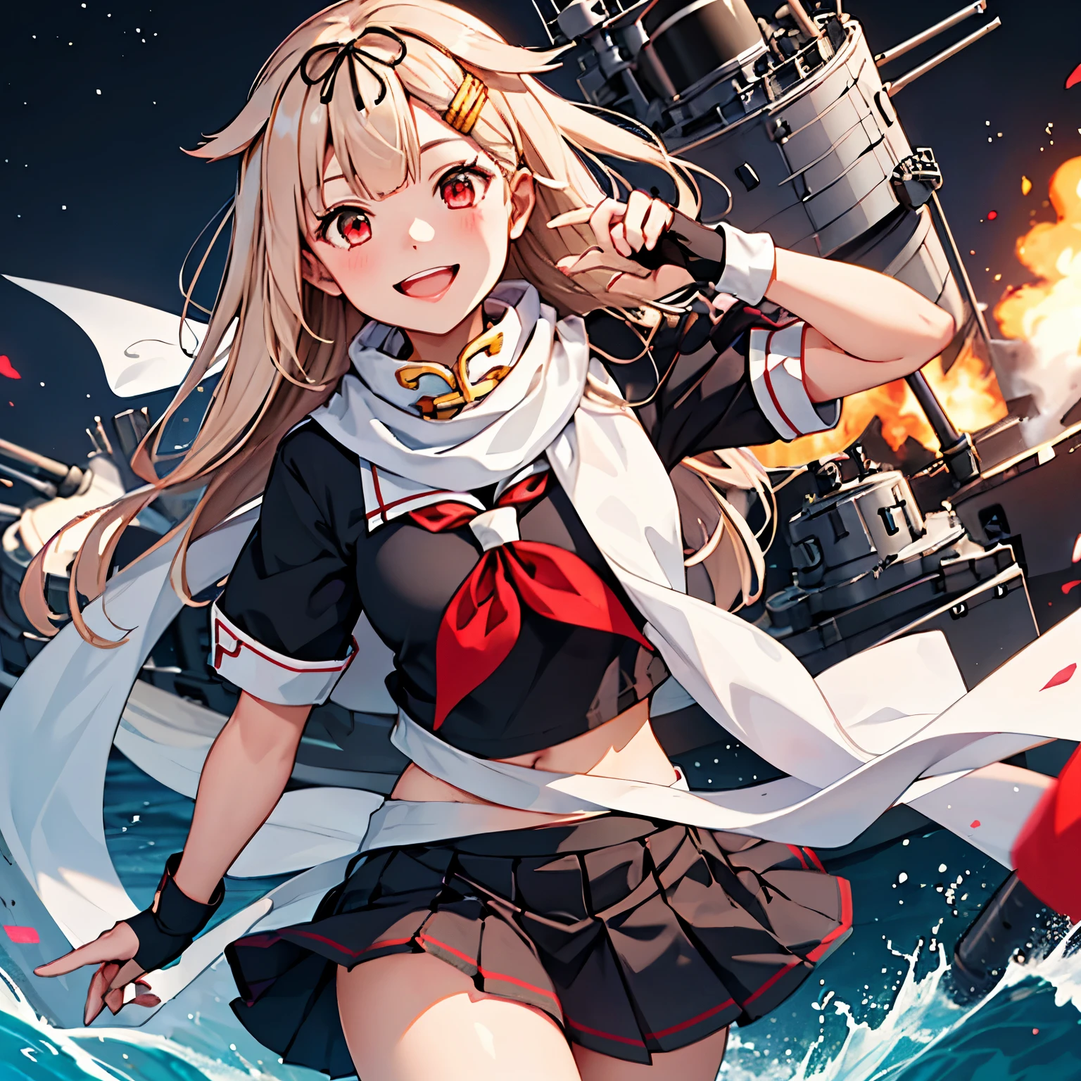 [One girl, (Yuudachi Kai Ni \(Kantai Collection)\]
,(masterpiece:1.4),(最high quality:1.4), (high quality:1.4),(Very detailed:1.4),(Exquisite:1.4), Art CG,8k,1 girl solo,whole body,(Happy smile:1.4),
Hair flap, White scarf, Hair Clip, Red neckerchief, Black Sailor Suit, Black Skirt, Fingerless gloves, Black Shirt, Short sleeve

