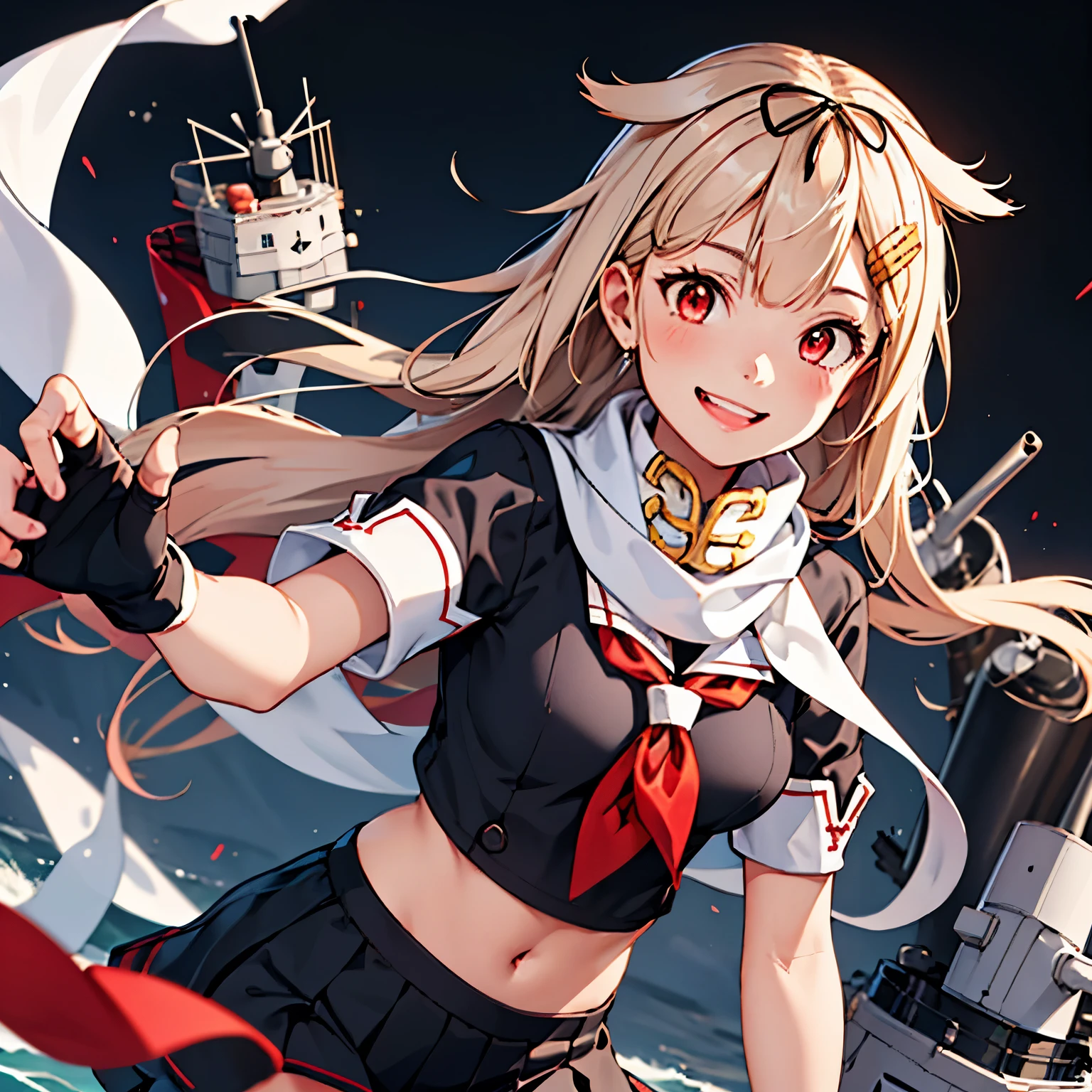 [One girl, (Yuudachi Kai Ni \(Kantai Collection)\]
,(masterpiece:1.4),(最high quality:1.4), (high quality:1.4),(Very detailed:1.4),(Exquisite:1.4), Art CG,8k,1 girl solo,whole body,(Happy smile:1.4),
Hair flap, White scarf, Hair Clip, Red neckerchief, Black Sailor Suit, Black Skirt, Fingerless gloves, Black Shirt, Short sleeve

