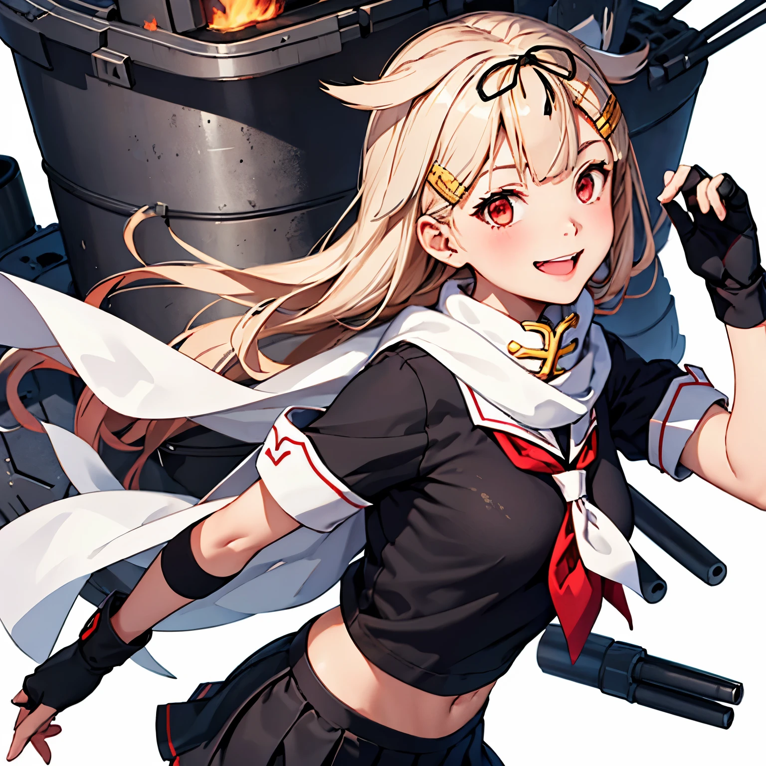 [One girl, (Yuudachi Kai Ni \(Kantai Collection)\]
,(masterpiece:1.4),(最high quality:1.4), (high quality:1.4),(Very detailed:1.4),(Exquisite:1.4), Art CG,8k,1 girl solo,whole body,(Happy smile:1.4), White background, Hair flap, White scarf, Hair Clip, Red neckerchief, Black Sailor Suit, Black Skirt, Fingerless gloves, Black Shirt, Short sleeve

