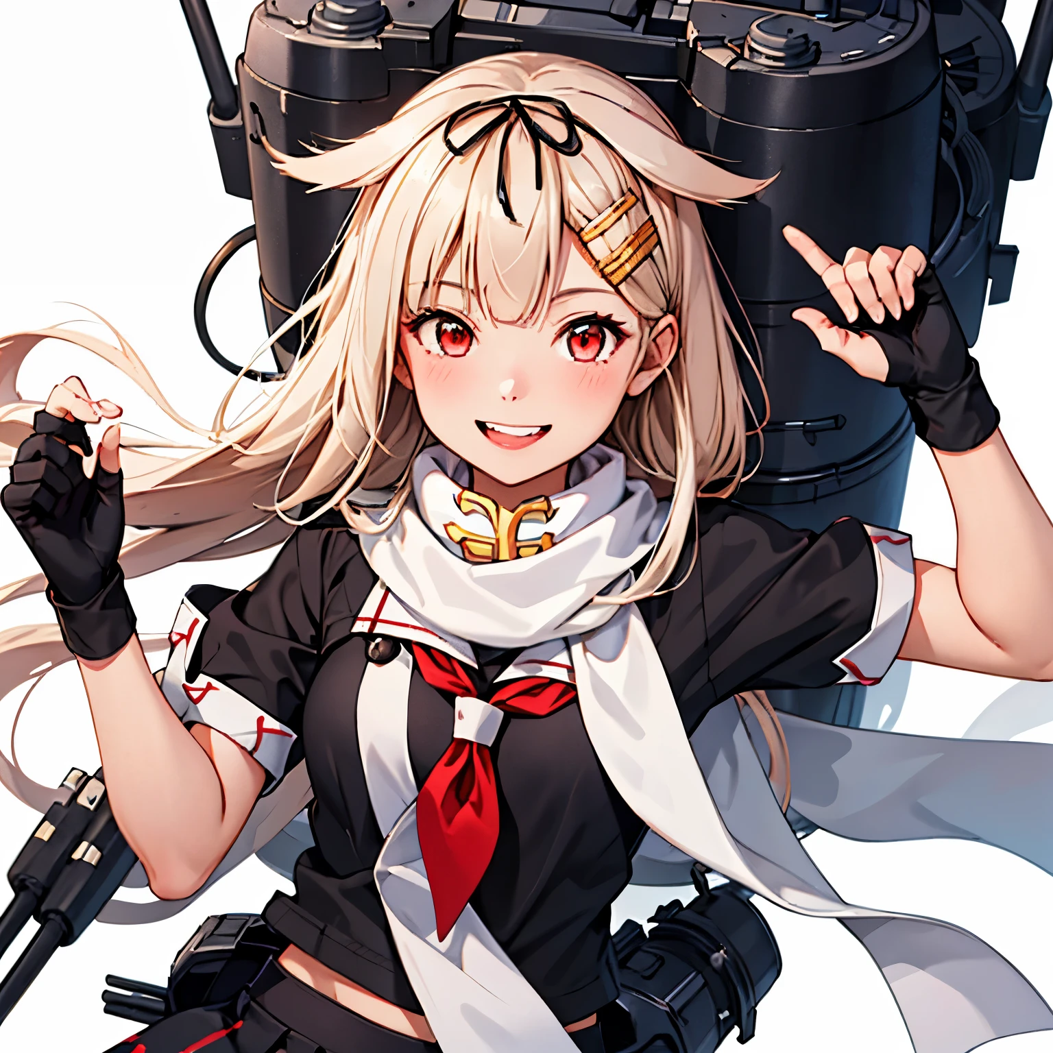 [One girl, (Yuudachi Kai Ni \(Kantai Collection)\]
,(masterpiece:1.4),(最high quality:1.4), (high quality:1.4),(Very detailed:1.4),(Exquisite:1.4), Art CG,8k,1 girl solo,whole body,(Happy smile:1.4), White background, Hair flap, White scarf, Hair Clip, Red neckerchief, Black Sailor Suit, Black Skirt, Fingerless gloves, Black Shirt, Short sleeve

