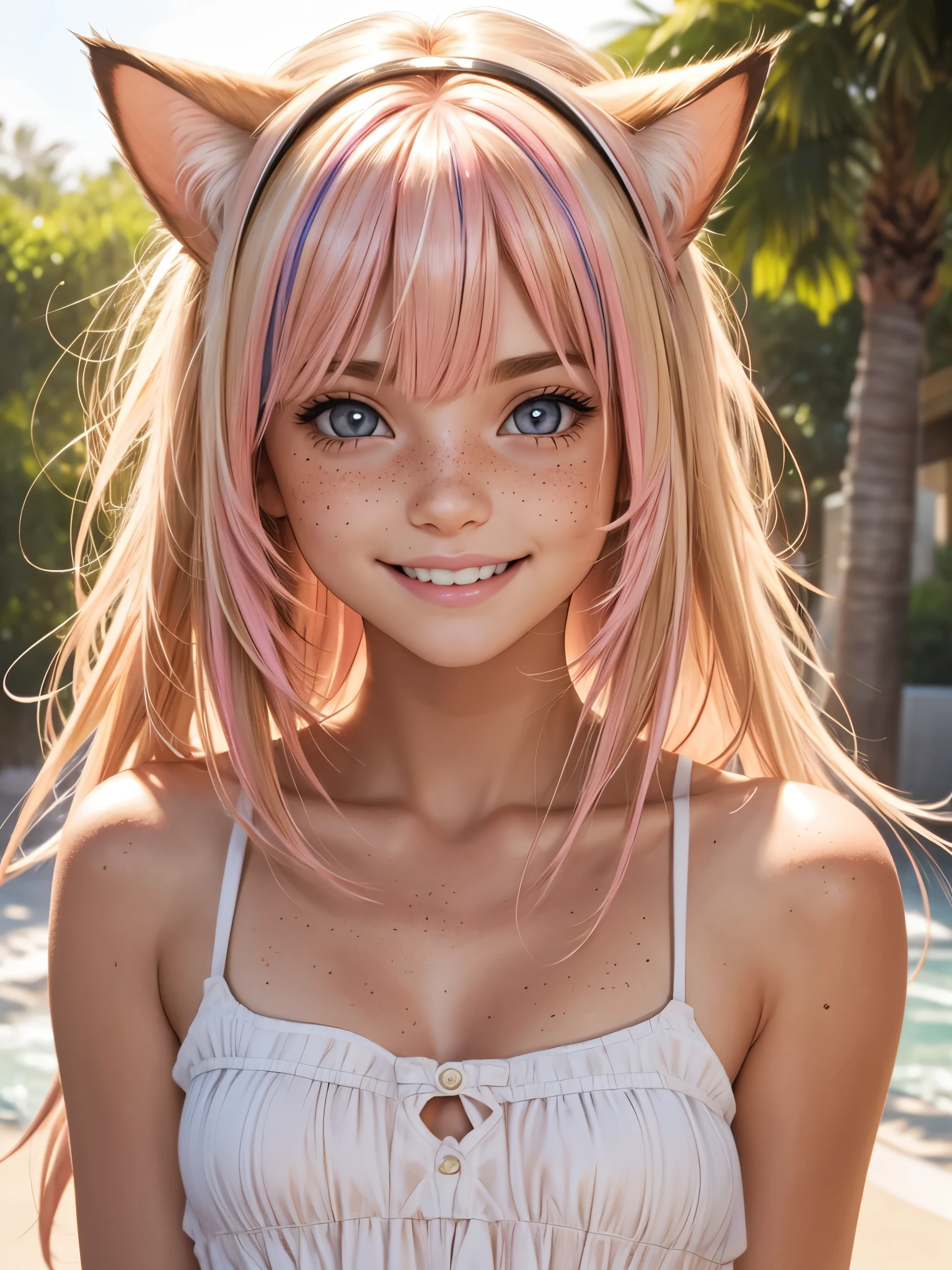 (best quality), 1girl, female, sun kissed skin, blonde hair, medium hair, swept bangs, pink streaked hair, brown eyes, perfect eyes, freckles, (cat ears), petite, smile, small bust, masterpiece, anatomically correct, highres
