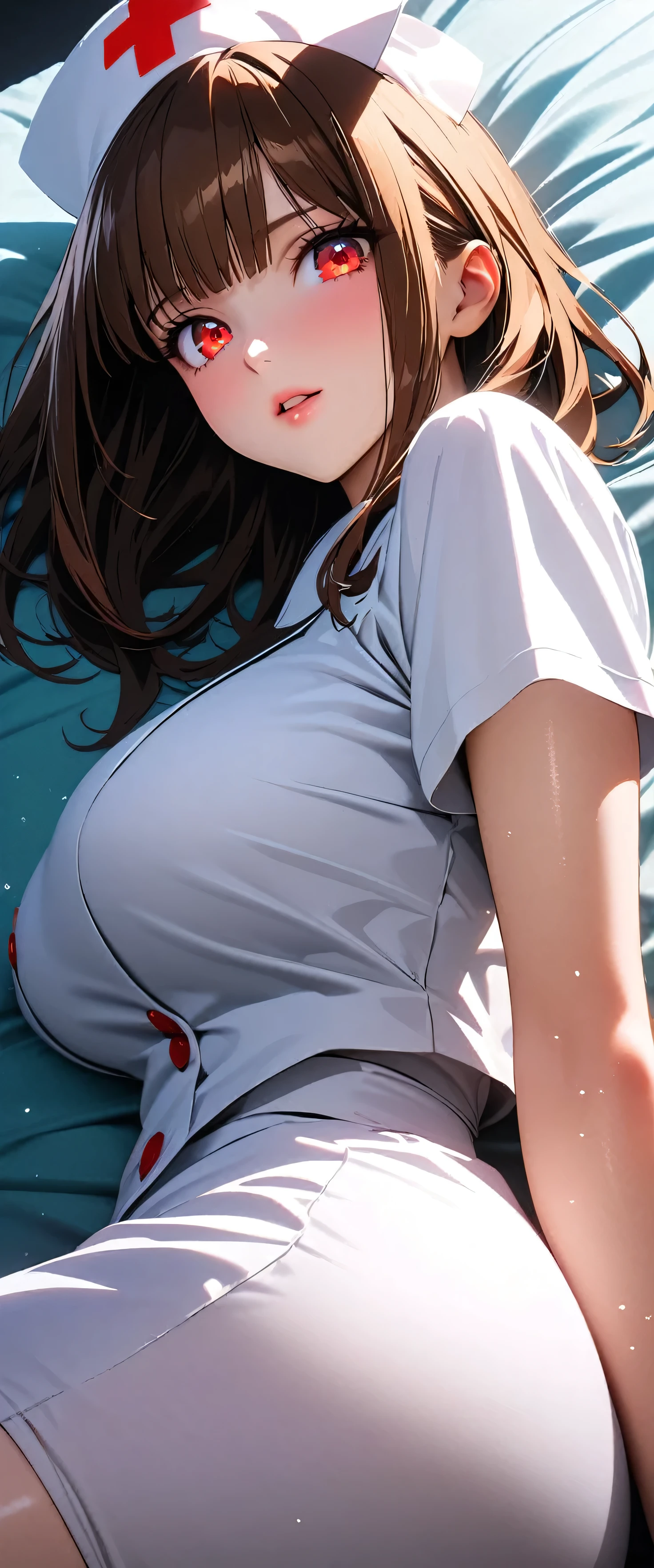 (beautiful girl: 1.3),1girl,masterpiece,Highest quality,Ultra-high resolution,rich contrast,super high quality,8k,Highly detailed CG unit wallpaper,texture,Incredibly absurd,RAW Photos,Highest quality anime,Depth of Field 1.2,Ultra-detailed eyes,Glowing Skin,Glitter effect,Beautiful glossy lips,(Brown Hair,Sharp Bob),Red Eyes,nurse uniform,Hospital bed,Embarrassing,white nurse uniform,Large Breasts,Big Round Ass,(lie on one’s stomach),(Rear View)