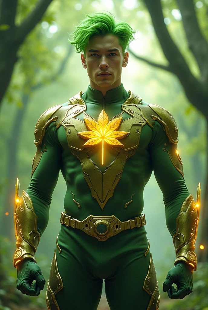 Full body photorealistic handsome hunky young slender futuristic male hero with messy powder green hair wearing a green and very very light green costume and wristbands that can manipulation forest ,,super Bulge.