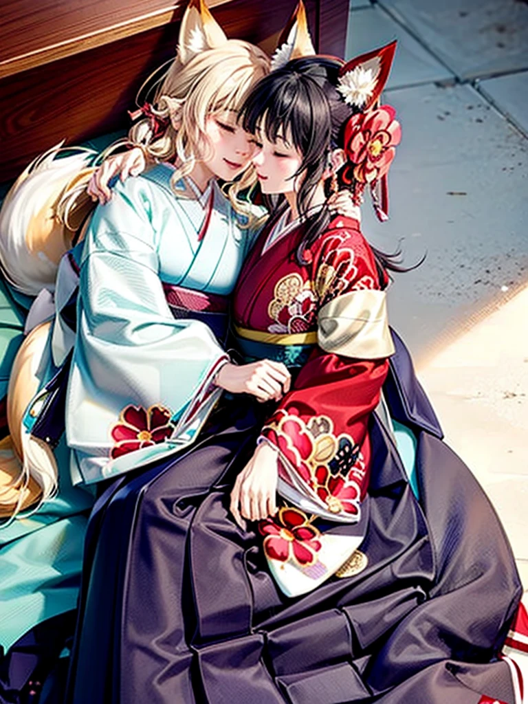 Anime, girl, woman, hakama, furisode, long hakama, floral kimono, fox, fox ears, fox tail, big ears, big tail, sleeping woman, sleeping face, two people hugging each other, hugging