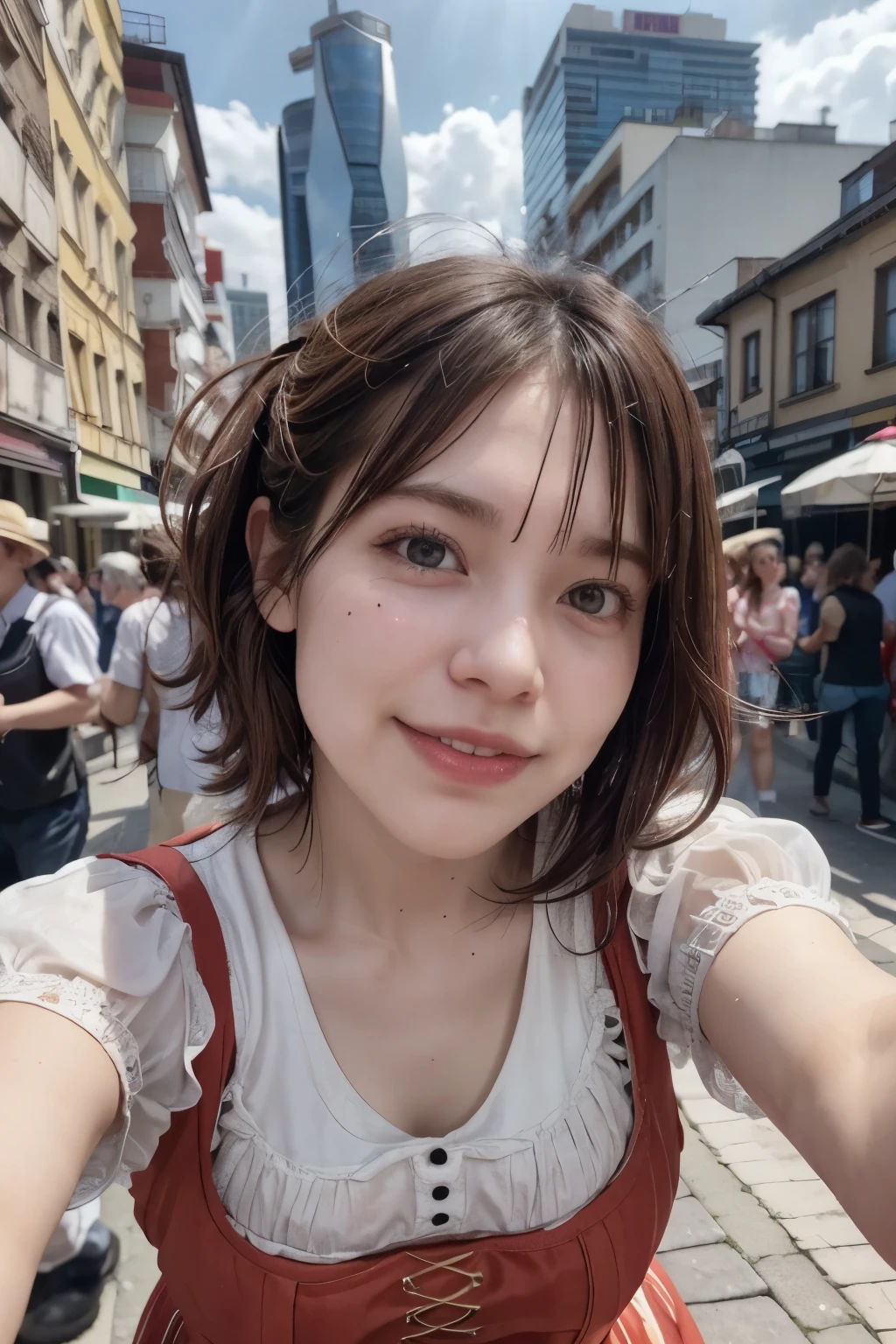 realistic, cinematic, photogenic, Oktoberfest, in an urban area, a very lively crowd around, festive atmosphere, under the sunshine, eating pretzel, drinking beer, crouching down, shot from directly above, ultra close-up, looking up at me from below, upturned eyes, big smile, wearing dirndl dresses, bright brown hair, pompadour hairstyle, twisted bangs, hair is blowing in the wind, hair is shaggy and dishevelled, a flushed face from drunkenness, a little sweaty, a tipsy expression, beautiful white translucent skin, slendar figure, a little exposed chest, heavy and vivid makeup, detailed rendering, cinematic lighting, vibrant colors, photorealistic, best quality, 8k, hyperdetailed