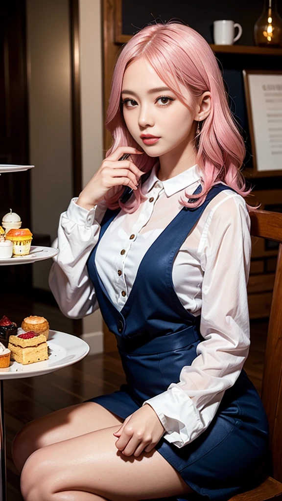 ((best quality)), ((highly detailed)), masterpiece, (detailed eyes, deep eyes), (1girl), dynamic angle, cowboy shot, mlpfluttershy, woman, gleeful smile, looking at viewer, ((long pink hair)), ((teal eyes)), (((waitress uniform))), cleavage, (indoor diner), light green skirt, apron, short skirt, collared shirt, woman, sexy, rosy cheeks, medium breasts, realistic proportions, unbuttoned white blouse, holding a plate, (((apron))), short puffy sleeves, headband, hand on hip, low cut blouse,