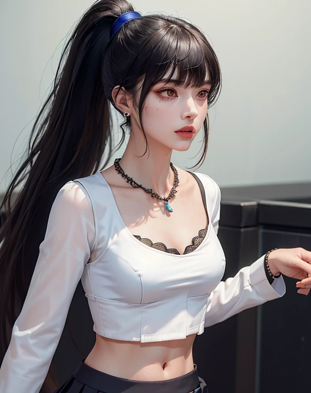 (masterpiece of the highest quality, 1 girl, Alone, Intricate details, chromatic aberration), (reality), (skin), 1 girl Shizuku High Ponytail, ((middle breath)), (Brunette, Straight bangs), Detailed hair, Red Head, Blue highlights, More hair than eyes, Red Eye, Small earrings, Sharp Eye, necklace, ((Black crop top with openwork)), (Symmetrical eyes), (Perfectly symmetrical body), ((Natural Light))), Backlight, Against a grey wall, Dim lighting, Standing, (Gazing at the audience), ((Center Shot, Showing off the muscles, (Face and waist) The chest line is clear Deep V realistic, High resolution, 1 girl, Black wavy hair, Small bruise under eye, White shirt, black pleated skirt, The chest line is clear, Long legs, Firm stomach, Dynamic pose, Catwalk, neckline, black pleated skirt, white bra visible through jacket, navel eye, high ponytail