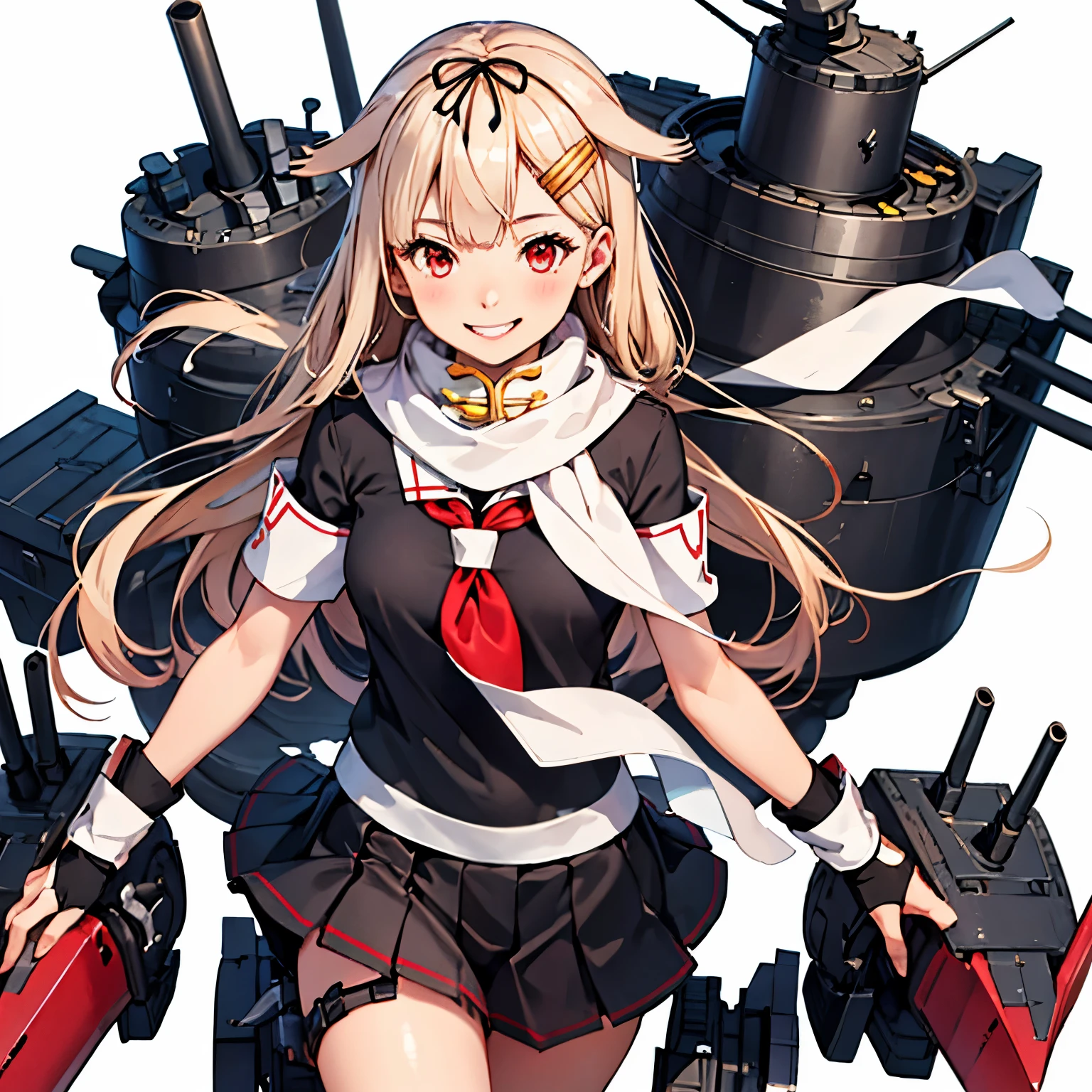 [One girl, (Yuudachi Kai Ni \(Kantai Collection)\]
,(masterpiece:1.4),(最high quality:1.4), (high quality:1.4),(Very detailed:1.4),(Exquisite:1.4), Art CG,8k,1 girl solo,whole body,(Happy smile:1.4), White background, Hair flap, White scarf, Hair Clip, Red neckerchief, Black Sailor Suit, Black Skirt, Fingerless gloves, Black Shirt, Short sleeve

