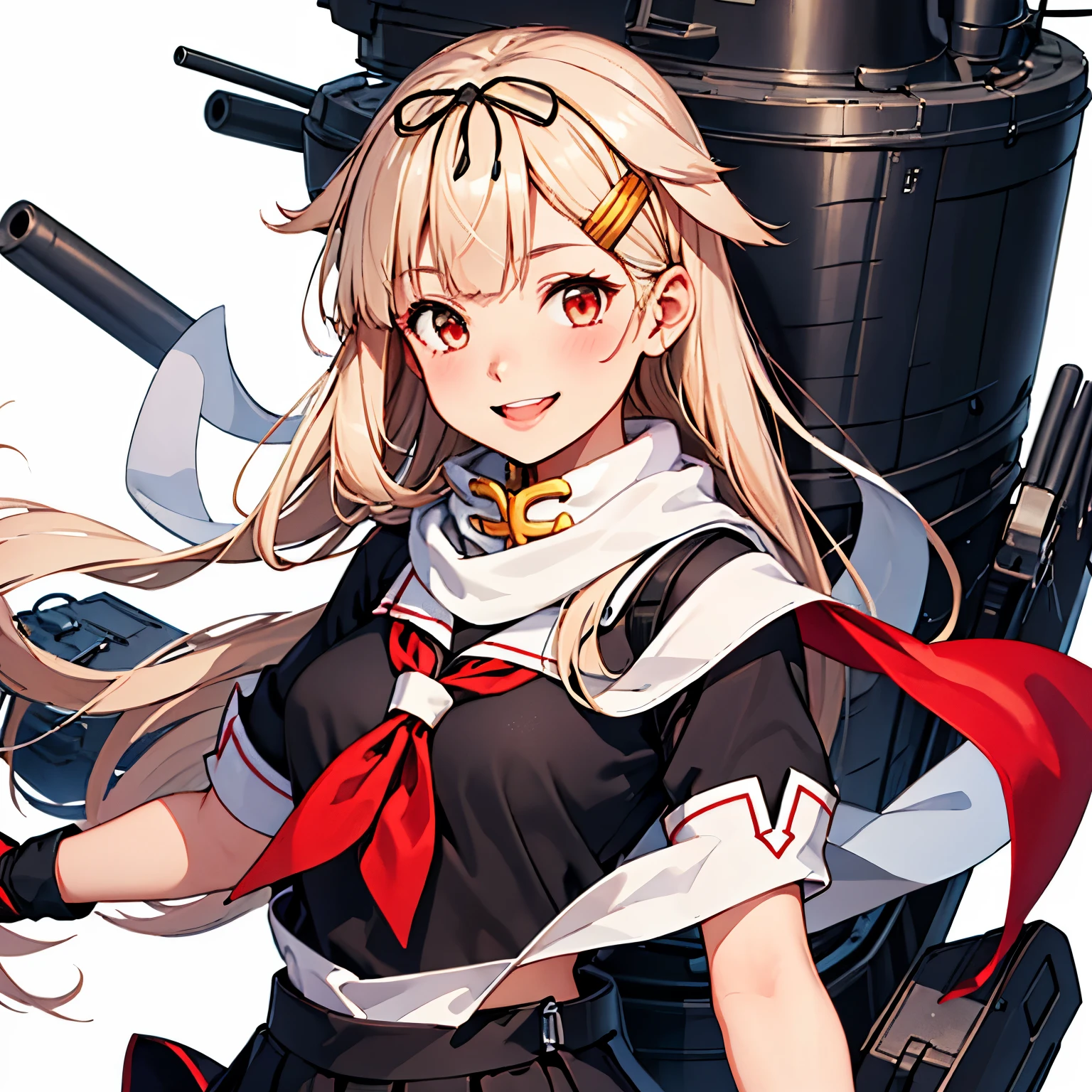 [One girl, (Yuudachi Kai Ni \(Kantai Collection)\]
,(masterpiece:1.4),(最high quality:1.4), (high quality:1.4),(Very detailed:1.4),(Exquisite:1.4), Art CG,8k,1 girl solo,whole body,(Happy smile:1.4), White background, Hair flap, White scarf, Hair Clip, Red neckerchief, Black Sailor Suit, Black Skirt, Fingerless gloves, Black Shirt, Short sleeve

