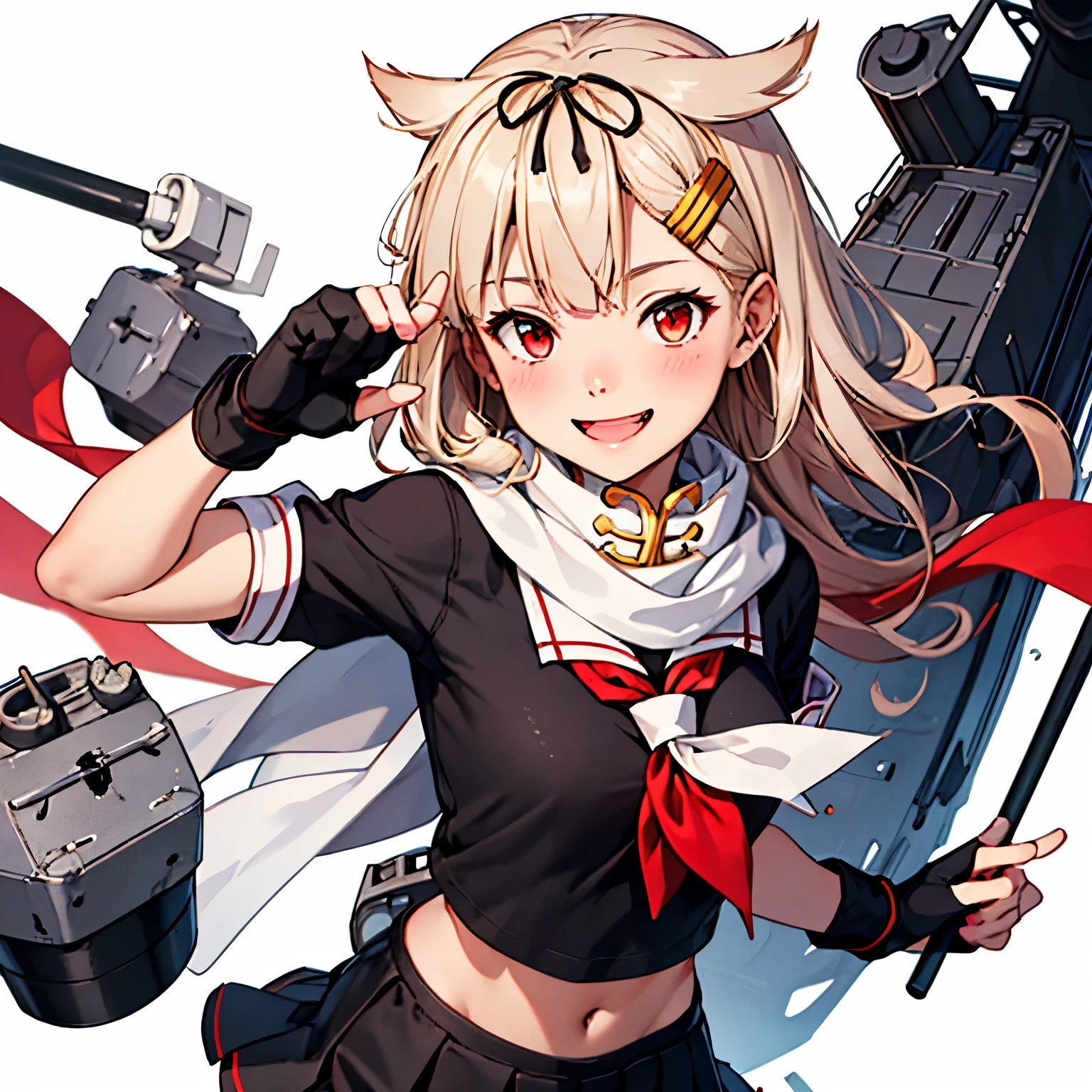 [One girl, (Yuudachi Kai Ni \(Kantai Collection)\]
,(masterpiece:1.4),(最high quality:1.4), (high quality:1.4),(Very detailed:1.4),(Exquisite:1.4), Art CG,8k,1 girl solo,whole body,(Happy smile:1.4), White background, Hair flap, White scarf, Hair Clip, Red neckerchief, Black Sailor Suit, Black Skirt, Fingerless gloves, Black Shirt, Short sleeve

