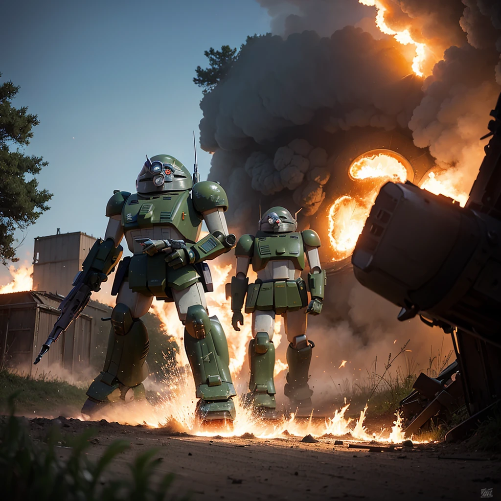 best quality, masterpiece, highly detailed, armored_trooper, ultra-detaile votoms, robot, mecha, science fiction, realistic, no humans, weapon, machinery, forest, mud road, Explosion Artstyle, fire, explosion, flames, ruin factory ,machine gun, digitalcamouflage 