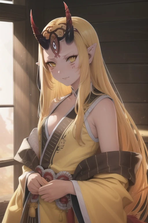 (high resolution, best quality, textile shading:1.2), (detailed, beautiful detailed eyes, super detailed skin:1.1), (caustics, ambient light, sunlight, hard shadows:1.1), cowboy shot, ibaraki douji, blonde hair, facial mark, fang, forehead, horns, long hair, oni, oni horns, pointy ears, (yellow eyes:1.5),