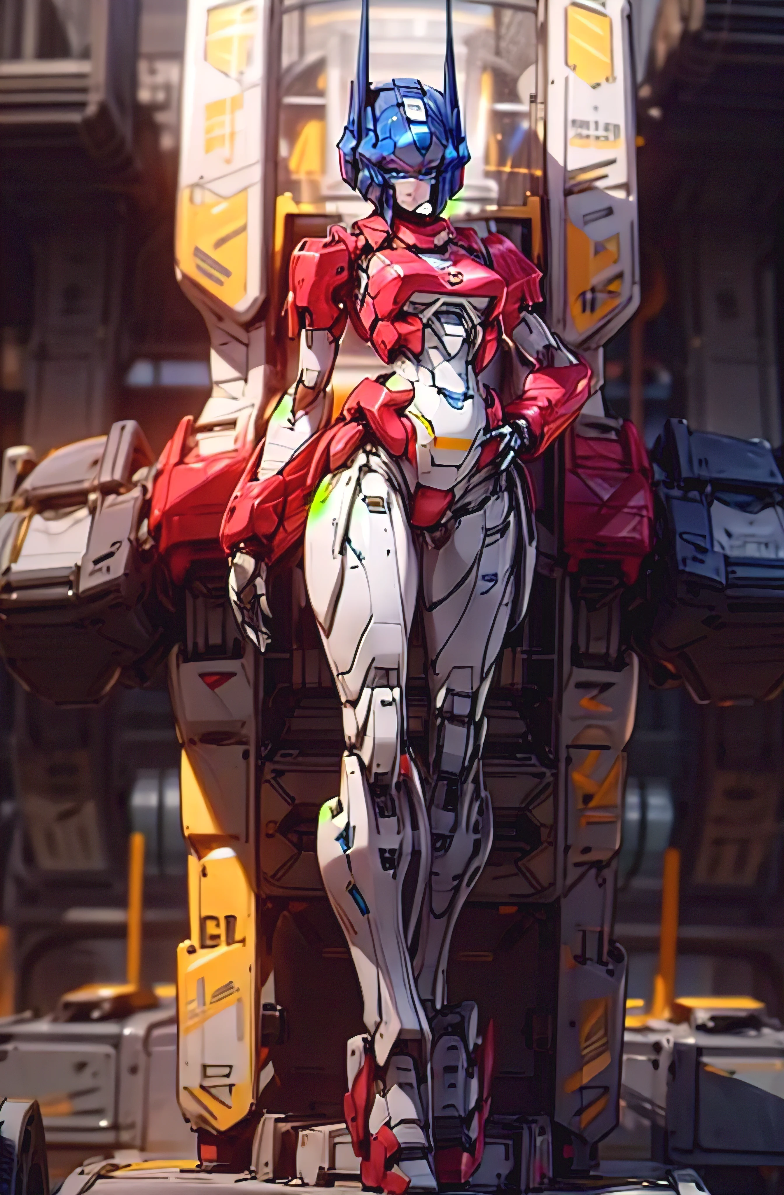 an image of transformer lady with big breasts and small hips, breasts, 1girl, solo, autobot, blue eyes, hand on own hips, standing, looking at viewer, full body
