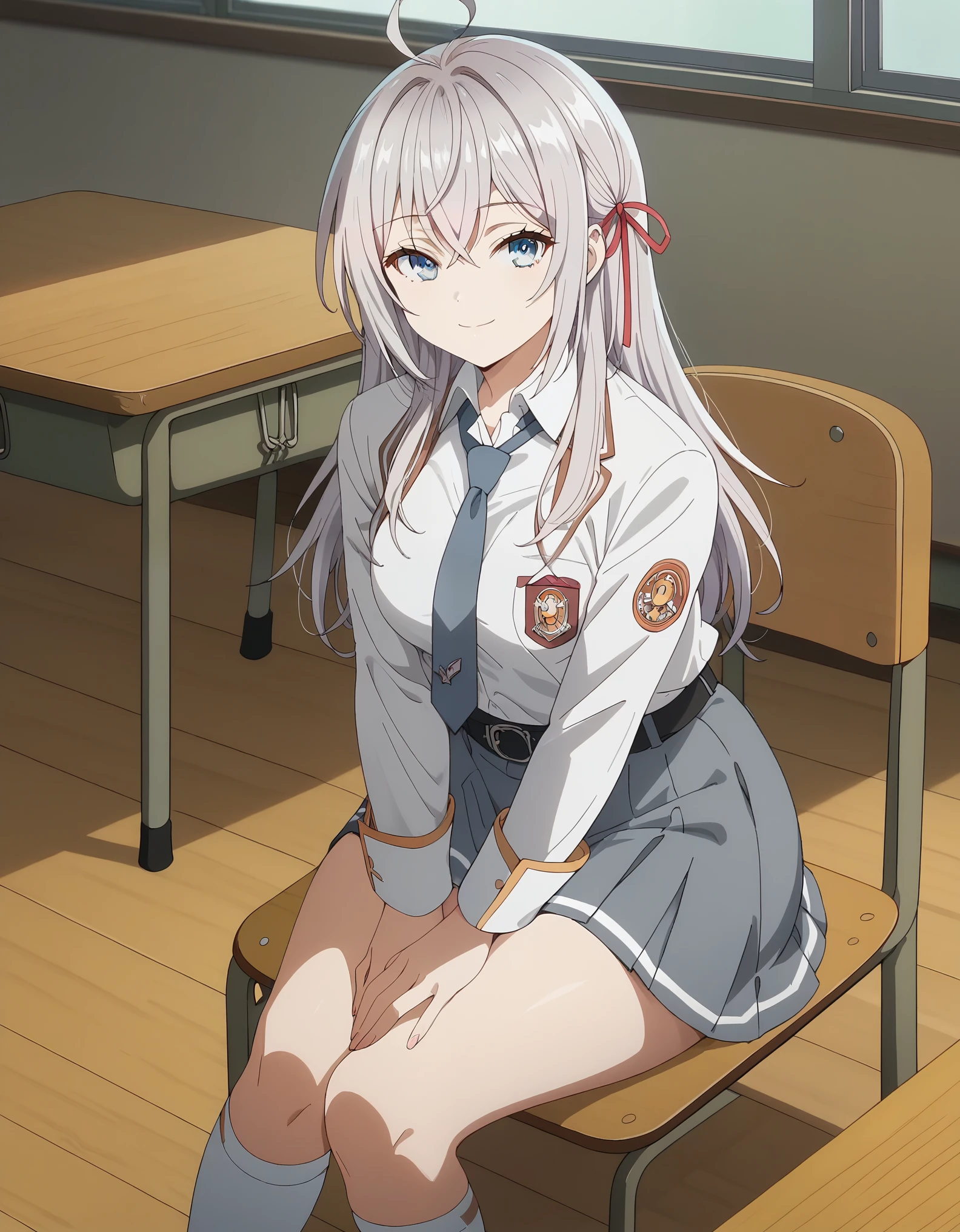 score_9, score_8_up, score_7_up, solo,1girl,alya, long hair, silver hair, ahoge, crossed bangs, hair ribbon, sidelocks, blue eyes, medium breasts, tucked in sma shirt, sma necktie, sma belt, sma skirt, sma shirt, sma skirt, inside classroom, windows, chair, tables thighs, looking at viewer, smile, sunligth, sit on chair, socks, hands between thighs, anime screencrap, dutch shot,