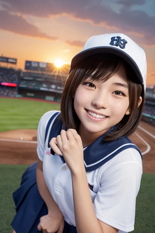 Softball Stadium、8K,masterpiece,Japanese,A cool ,National Idol、from the front,smile,Innocent face,Calm Eyes,Childish,Small flat chest,Baseball uniform、,Short sleeve,Short pants,Straight ponytail,noon,bright,Sweaty delicate body、 body type、