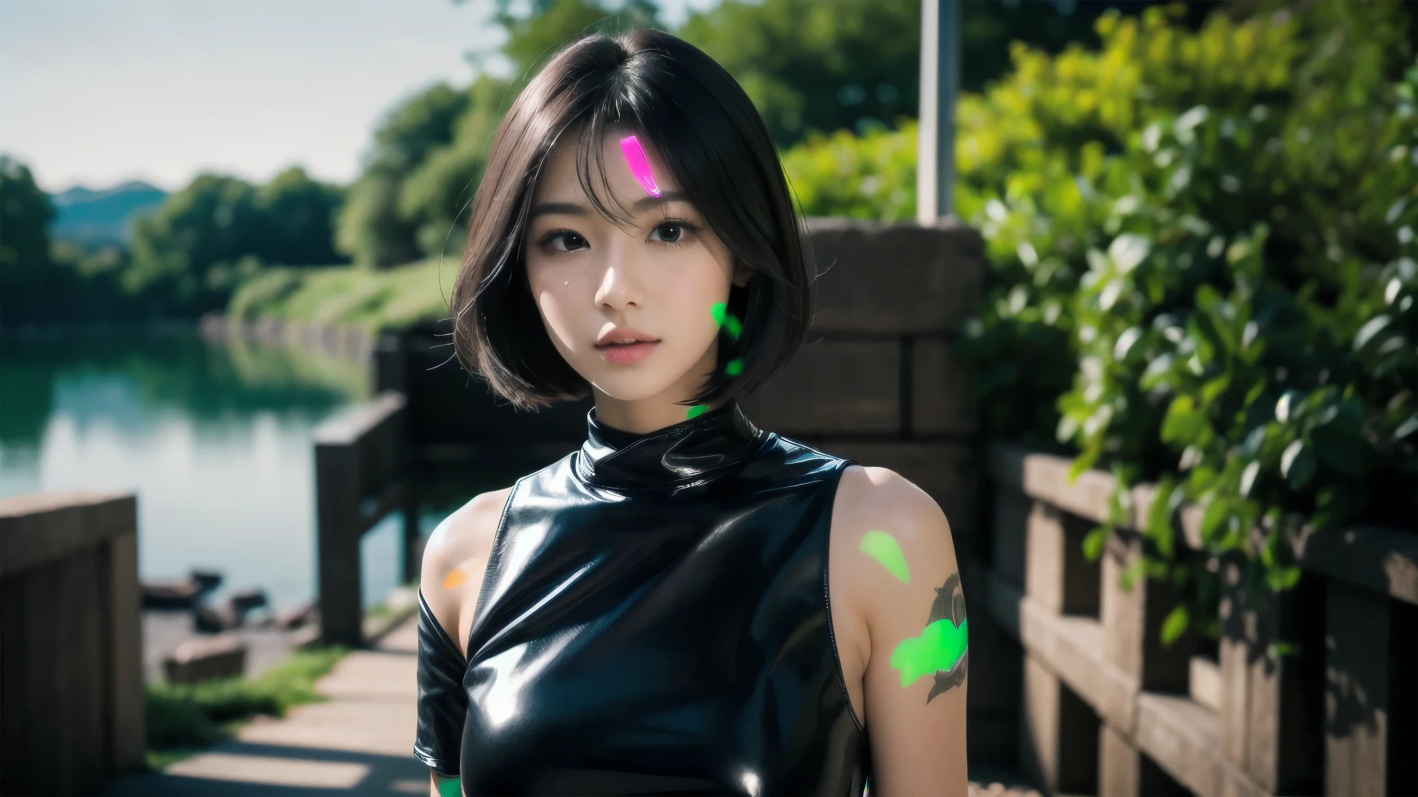 a 1 girl, 1, standing, long white hairs, brown eyes, detailed face, wearing a black leather top, background: outside near lake