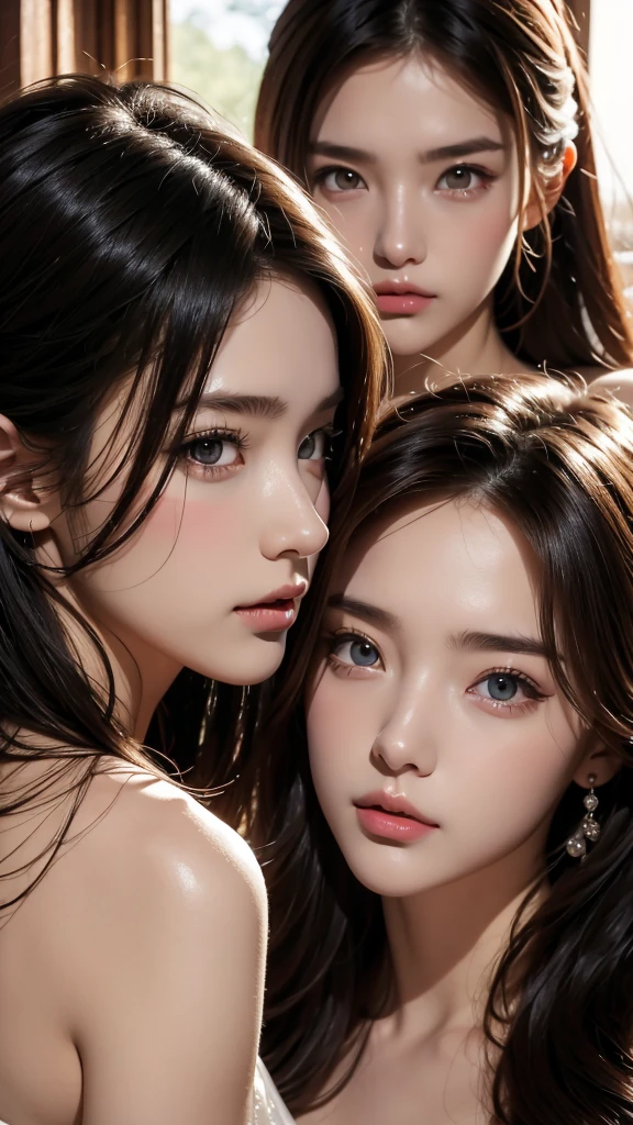 three young girls in pink shiny leotards, (hyperrealistisch), (Illustration), (hight resolution), (8K), (extrem detailliert), (beste Illustration), (beautiful detailed eyes), (best qulaity), (super detailliert), (Meisterwerk), (Tapete), (detailliertes Gesicht),