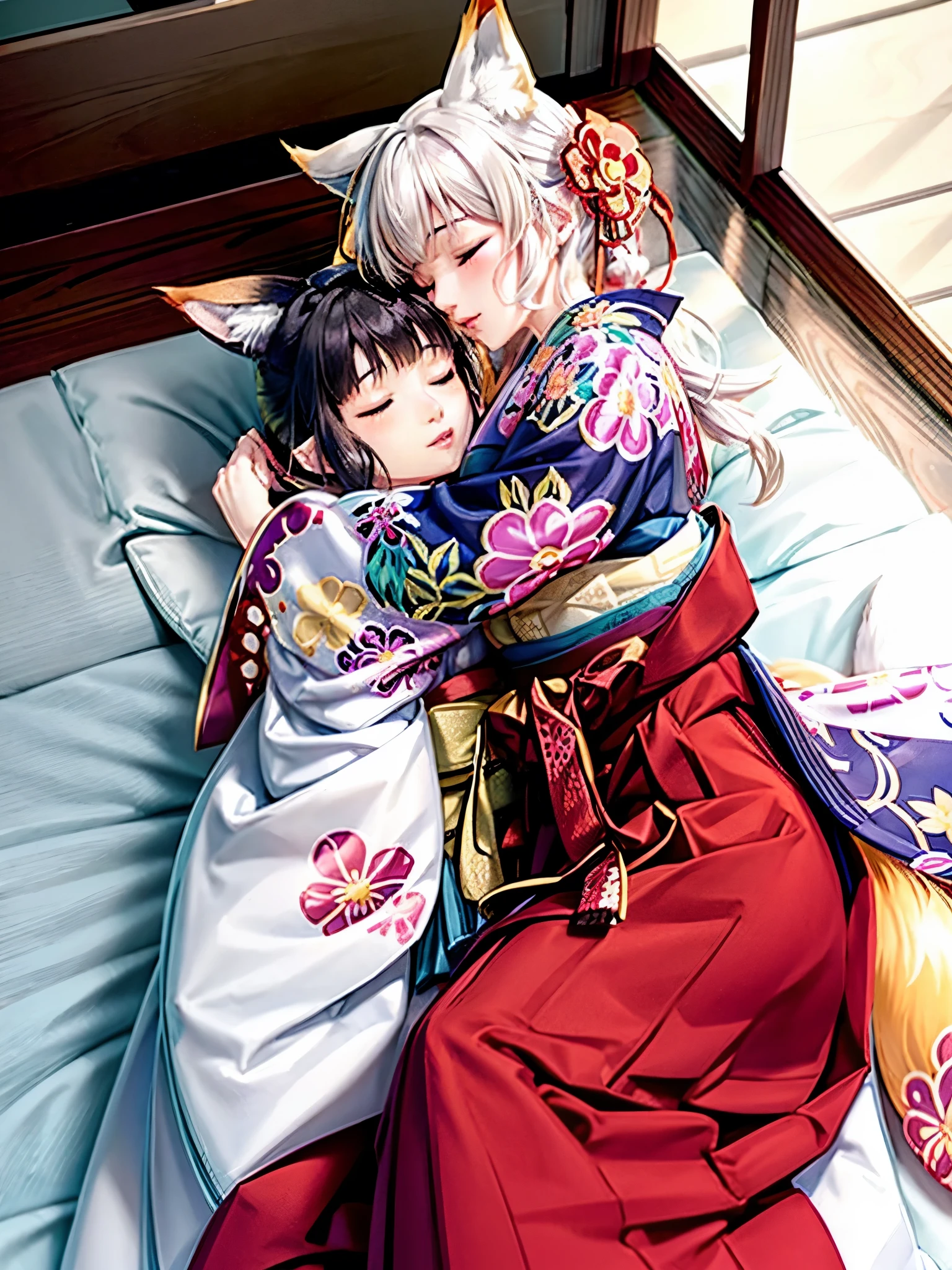 Anime, girl, woman, hakama, furisode, long hakama, floral kimono, fox, fox ears, fox tail, big ears, big tail, sleeping woman, sleeping face, two people hugging each other, hugging