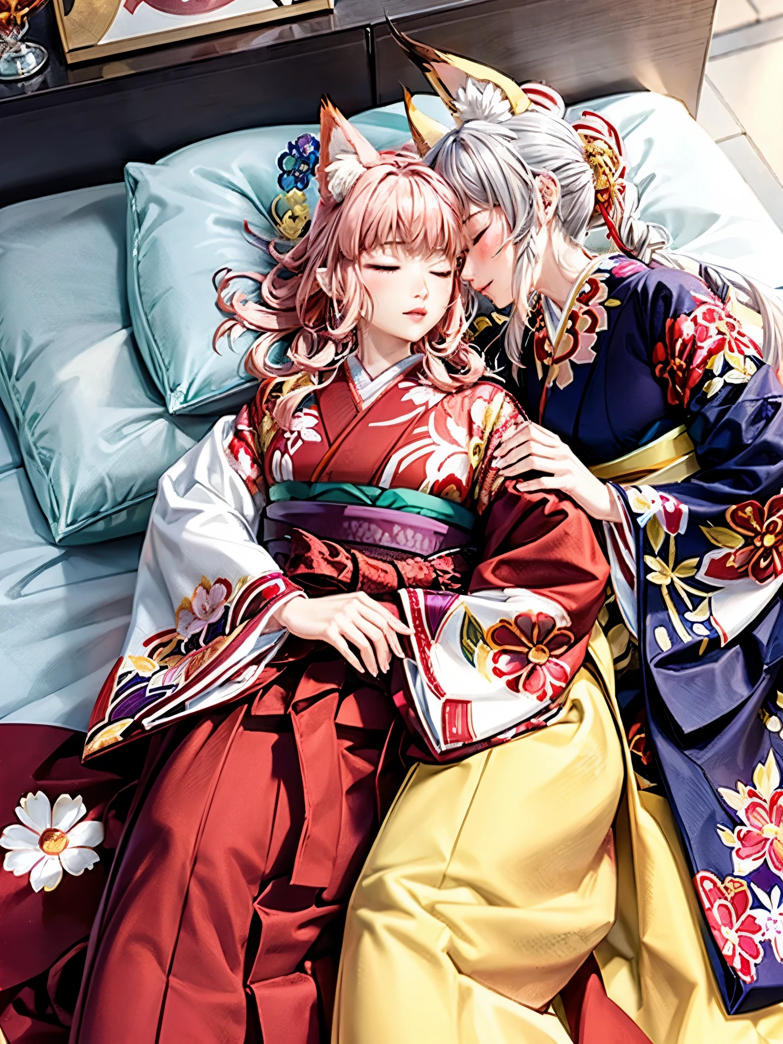 Anime, girl, woman, hakama, furisode, long hakama, floral kimono, fox, fox ears, fox tail, big ears, big tail, sleeping woman, sleeping face, two people hugging each other, hugging