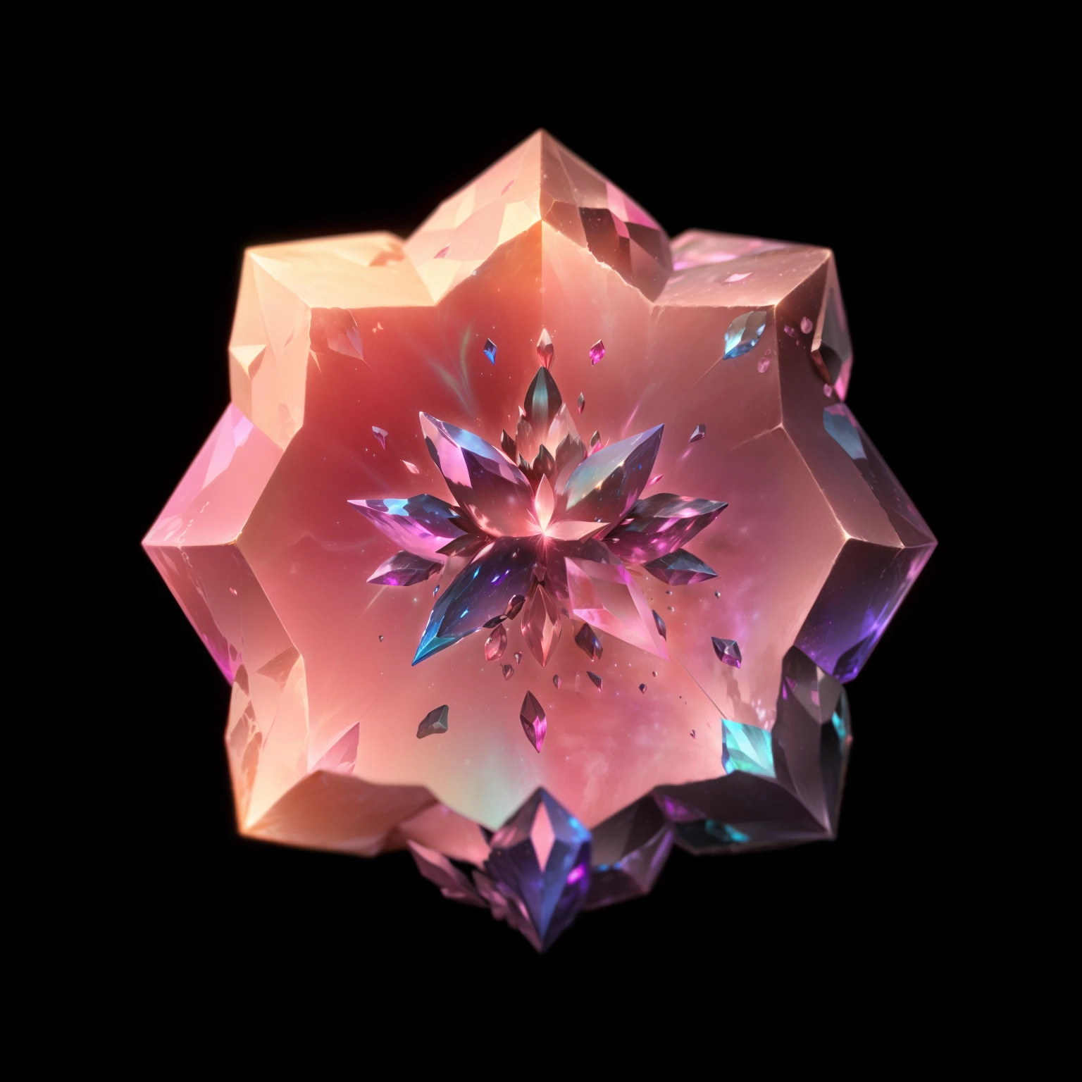 Close up of pink and blue objects on black background, Anise pink star, crystal, Rainbow color redshift rendering,  gem, 八角形crystal,，((Accessories:1.1))，(Delicate texture:1.1)，Delicate texture，League of Legends Inventory Items，Stylized game icons，League of Legends style，