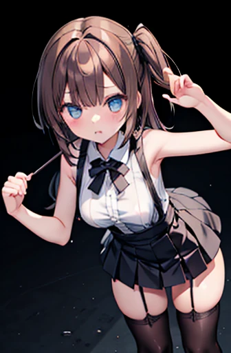 Brown Hair、Looking at the audience　　suspenders　　　bulging big breasts　　 　 　　　　Black mini skirt　garter belt　Knee-high socks　　　　　　sight　　　Small face　bangs 　　　　　beauty　　Show your hand　　 　sight 　Black boots 　Taunt　　Armpit sweat　One person 　　Place your hands behind your back　Dress shirt　　Panty shot