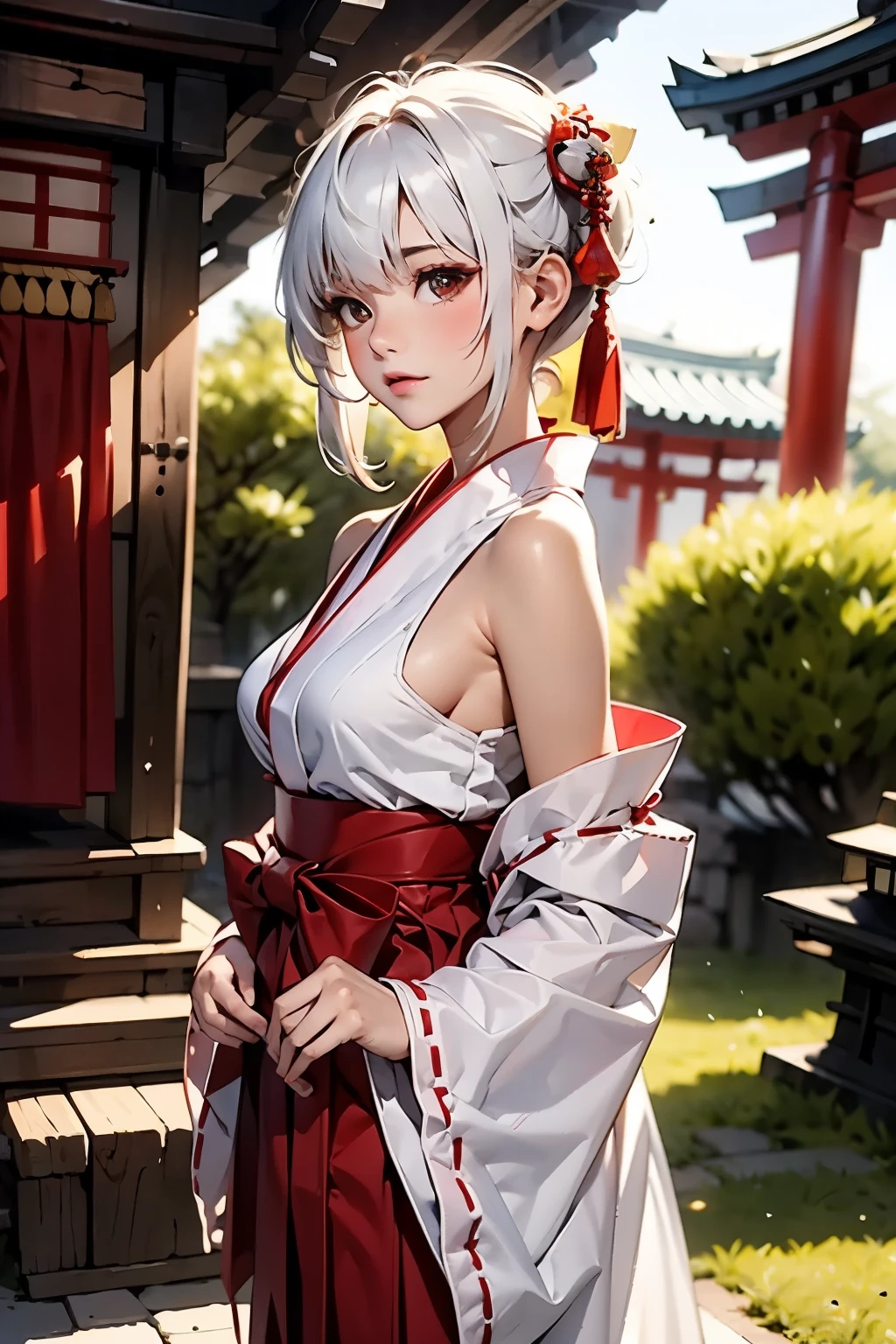  masterpiece, best quality, 1girl, white hair, medium breasts, Shrine maiden, white Shrine maiden clothing、red hakama, Separated sleeves, Exposed shoulders, ruins, from side
