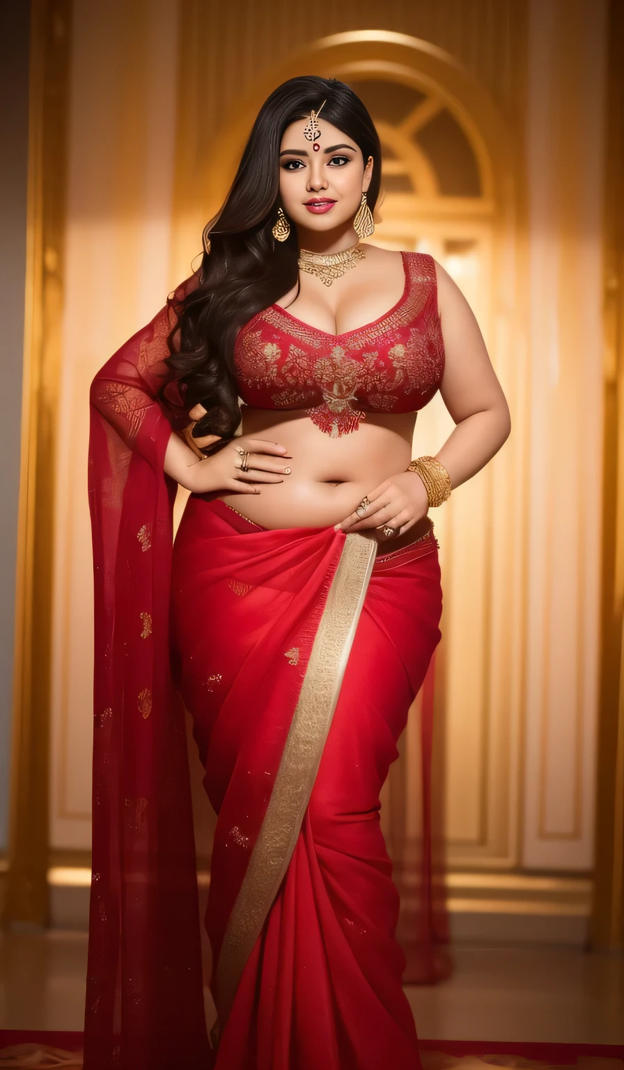 "A confident Indian woman with a voluptuous, full-figured body, including a prominently large chest and wide hips. She has a rich brown complexion, long, dark wavy hair, and deep, expressive eyes. Dressed in a fitted saree that beautifully enhances her curves, the fabric is a luxurious mix of deep red and gold with intricate embroidery. Her traditional jewelry includes a nose ring, bangles, and large earrings, complementing her striking appearance