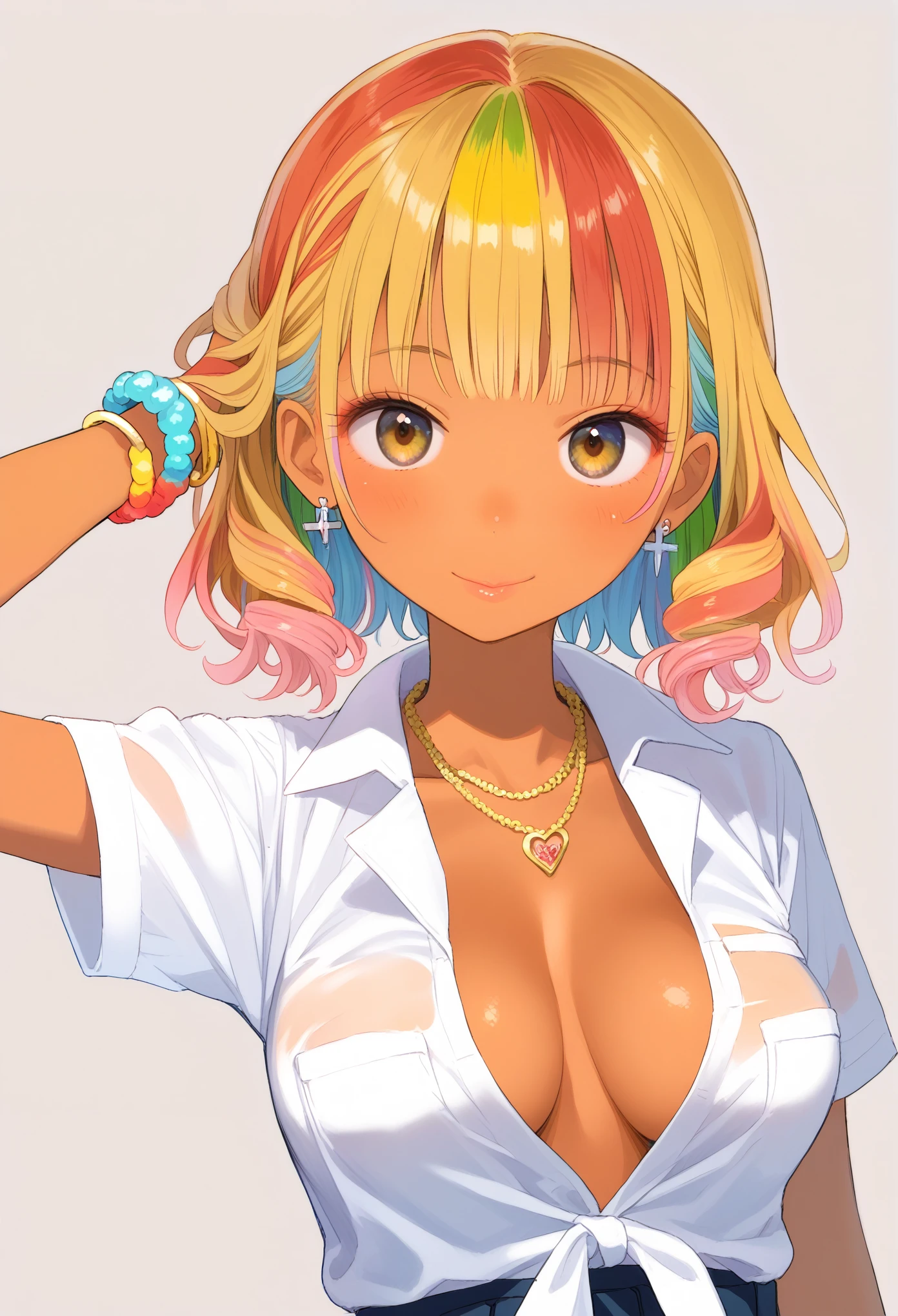 score_9, score_8_up, score_7_up, source_anime, (nsfw, Gyaru), (1girl, solo), (upper body, portrait), 16years old, (natural skin, reddish brown skin), (short hair, multicolored hair, yellow hair, colorful hair), (big round eyes, yellow eyes), lips, smile, (white shirt, open chest, bow, medium breasts), pleated skirt, BREAK (silver ear cuff, gold necklace, colorful bracelet), school room background