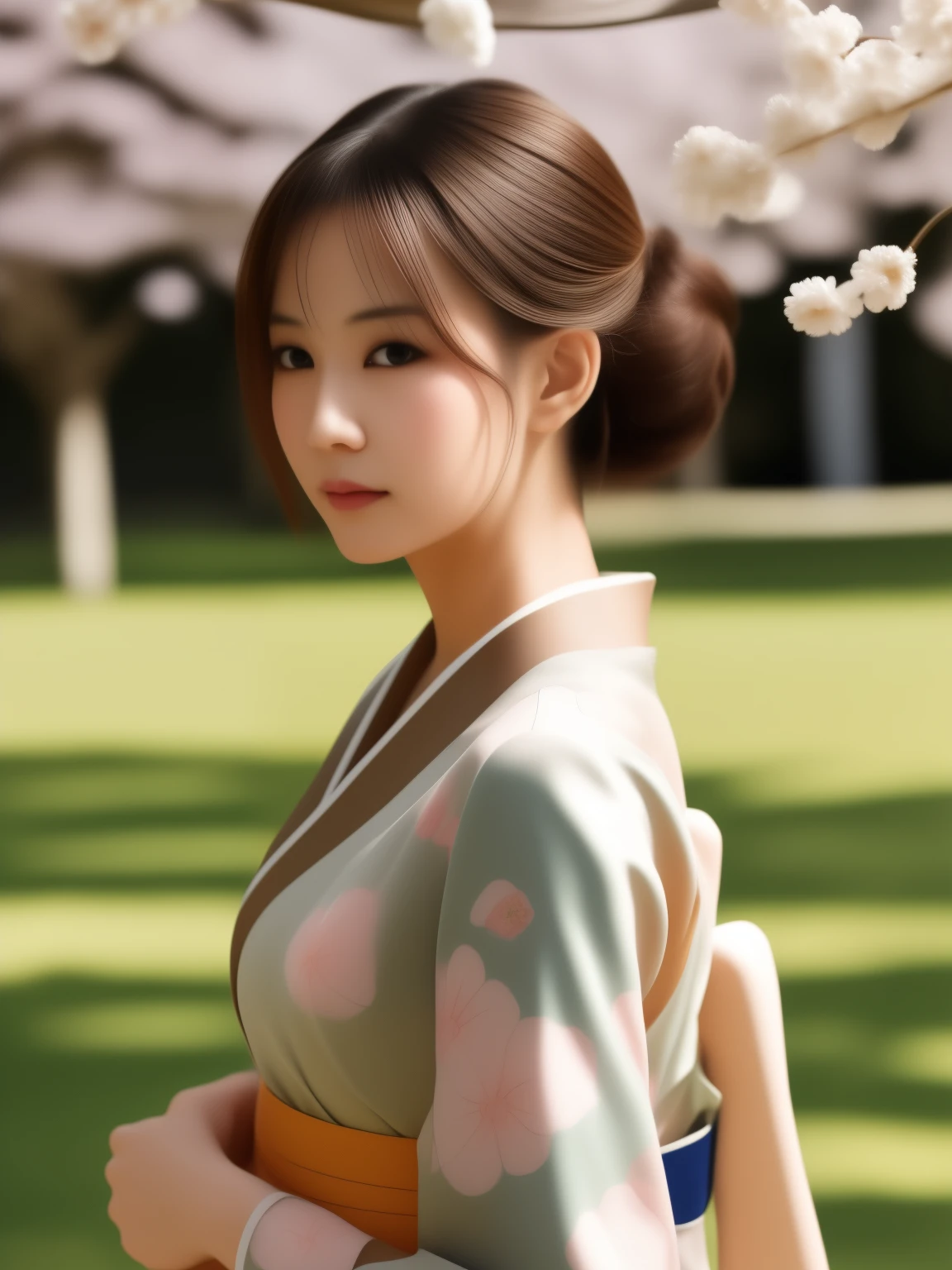 1 Japanese girl, (looking away:1.4), (upper body shot:1.2), Beautifully detailed eyeballs, catchlight in the eyes, Realistic digital painting of a woman portrait, Shy, Cute, open mouth to say something, sad, brown eyes, (half updo,:1.1), (light brown brunette hair:1.3), (Highly detailed skin:1.2), Mystical style, Global Illumination, Traditional Japanese　floral printed Kimono, A silk kimono with a deep green base. A garden with many blooming Cherry blossom trees