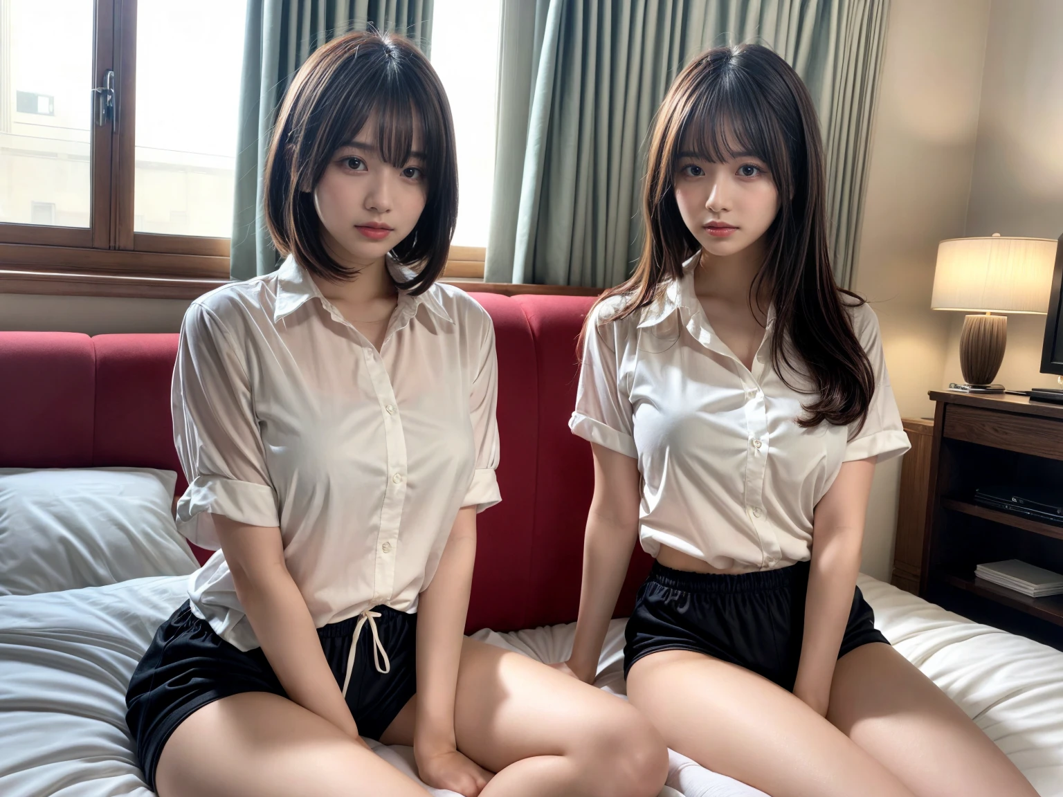 Tabletop, Highest quality, Realistic, RAW Photos, Digital SLR, 1 Beautiful 15 year old Japanese girl, Glowing White Skin, Realistic beautiful makeup face, Realistic and beautiful bright eyes, double eyelid, View the viewer, (Highly detailed shiny black short hair and bangs), (Tousled hair in strong winds), Slim figure, Slim face, Slim waist, Big Breasts, Thin thighs,, underwear, in the train 乗客はWoman 1人を除いて全員男性..............: 2 Young man in a suit (Woman 1)Touching the body、Young people(Woman 1)Hug from behind、Young people(Woman 1)Touching the chest、Young people(Woman 1)Flip up your skirt、Passengers see women Passenger touches a woman's body Realistic lighting and shadows, This is a very delicate and beautiful photo., Ultra-high resolution, 8k UHD wallpaper, Esbian all over