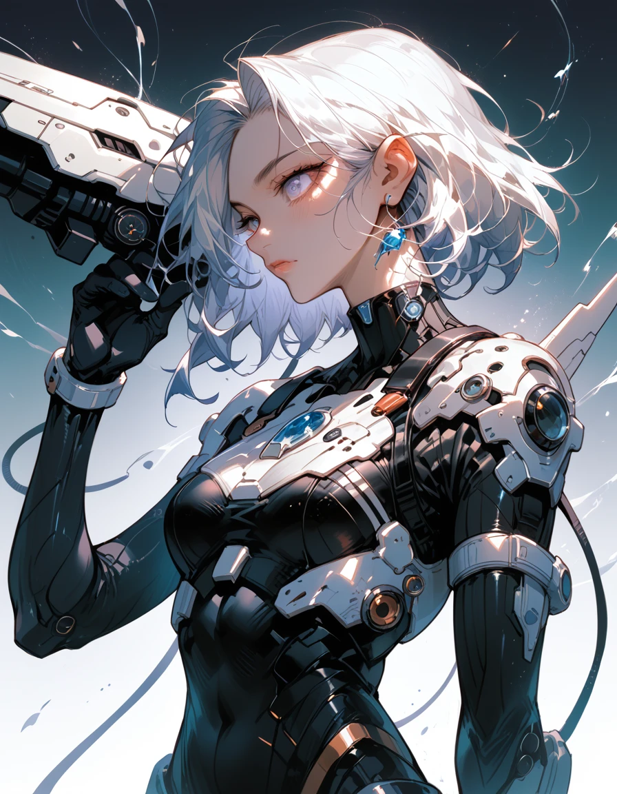 [(white background:1.5)=5],1 half Russian and Japanese girl,, whole body, (stylish cyber suit),((short blue hair)), asymmetrical bangs, Extremely detailed face and beautiful sparkling blue eyes, perfect lips,Wave, splash of water, dramatic, cinematic lighting, detailed expression, small details, fantasy art, figure, digital art, drawing, In the style of Yusuke Murata.