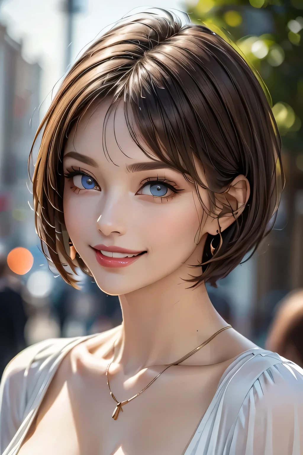 (1. Beautiful woman, Supermodel), (Perfect Anatomy), Anatomically correct body shape, (Cowboy Shot), Golden Ratio, (Best Quality:1.4), 32k resolution, (Realistic:1.5), (超Realistic:1.5), High resolution UHD, (masterpiece:1.2)), (Best Quality:1.4), (Very beautiful facial details), (Grin), (Best QualityのRealisticな肌のテクスチャ), ((Random color silk dress:1.37)), Big earrings, necklace, (Huge breasts:1.3), Very detailed, Beautiful Eyes, Double eyelids, eyelash, Shaping your eyebrows, ((Very detailed)), Red cheeks, Ultra-realistic eyes, Perfect Lips, Perfect Eyes, Perfect Iris, Natural Makeup, [Pink lipstick], ((Best QualityのBeautiful Eyes:1.2)), (Beautiful Lips:1.33), (Great nose:1.2), (brunette pixie cut), ((Realistic)), ((Sharp focus)), (Highest Resolution), ((The most ridiculous quality)), ((masterpiece)), Professional Cinema Lighting