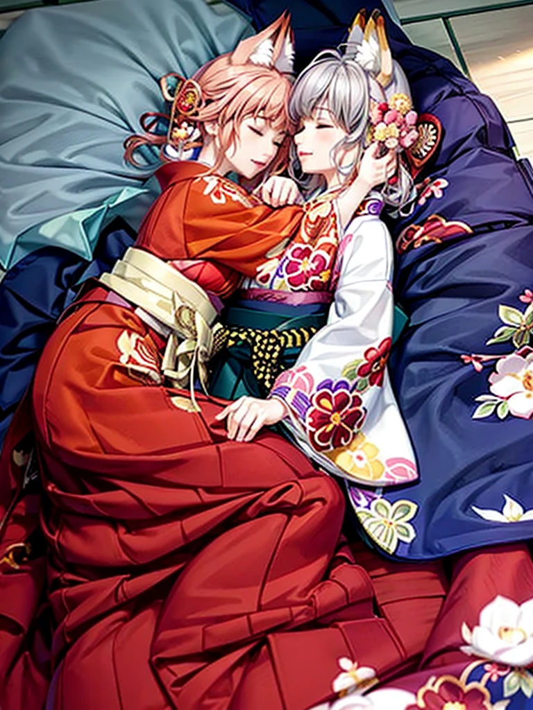 Anime, girl, woman, hakama, furisode, long hakama, floral kimono, fox, fox ears, fox tail, big ears, big tail, sleeping woman, sleeping face, two people hugging each other, hugging