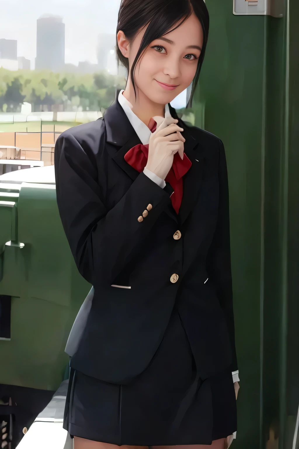 (masterpiece:1.2, Best Quality:1.2), 32K HDR, High resolution, (Alone、1 girl)、（Rooftop of a building during the day、Professional Lighting）、Building rooftop background、（JR woman train crew Uniform blackを着たリアルスタイル）、（（JR female train attendant uniform black white blouse short sleeve 、Black knee-length wrap culottes、Black jacket、scarf））、dark brown hair、（Long Hair、Hair tied up、Hair tied up）、dark brown hair、Long Shot、Big Breasts、Thin legs、（（Great hands：2.0）），（（Harmonious body proportions：1.5）），（（Normal limbs：2.0）），（（Normal finger：2.0）），（（Normal eyes：2.0））)、smile、（JR female flight attendant uniform black knee-length wrap culottes skirt beautiful posture）、Hands down