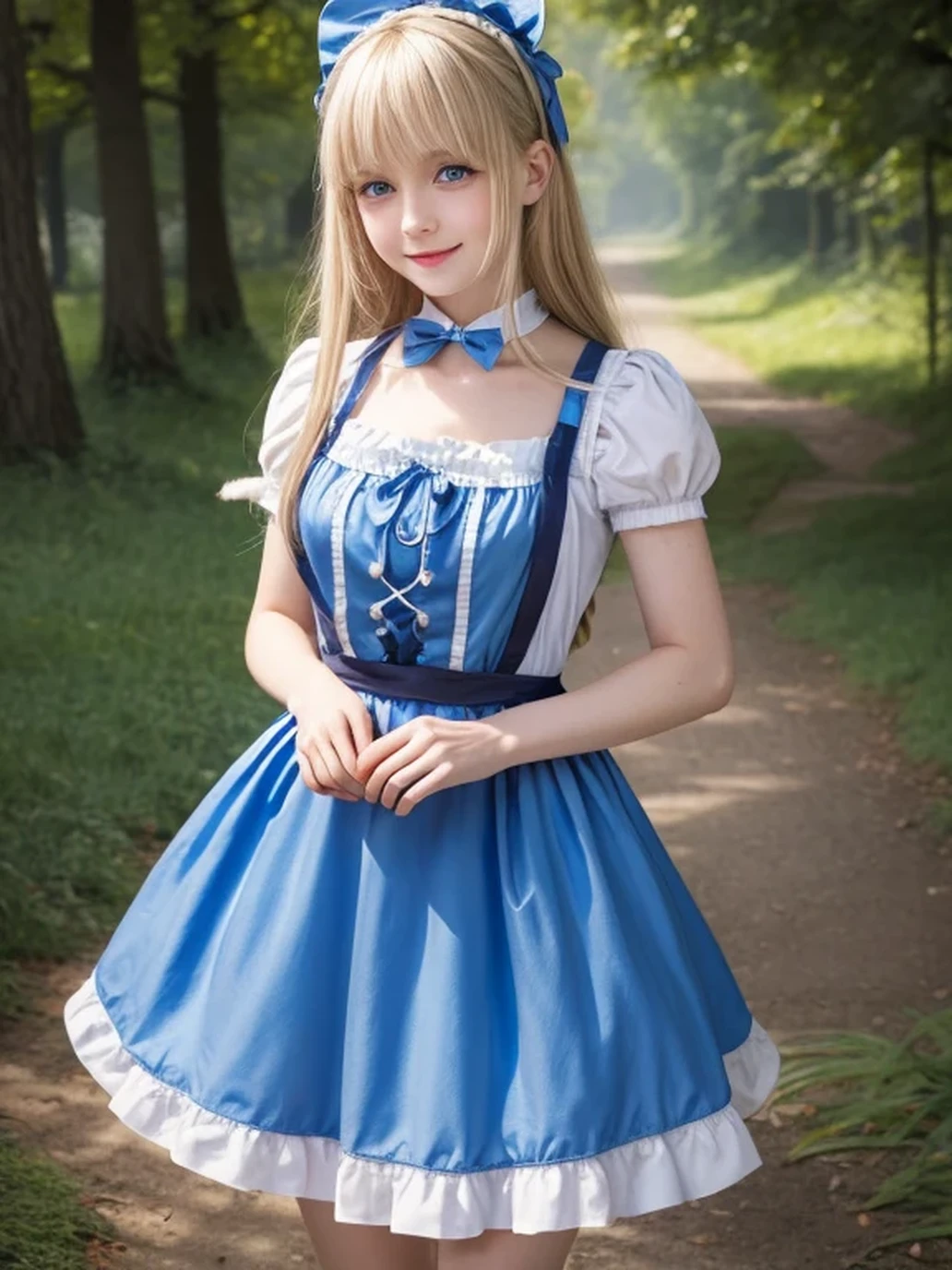 alice in the wonderland、cute 　Girl、mini skirt、blond hear、White panties、Wavy Hair、blue eyes、10year、all-fours、with spreading legs、、happy、smile、Apron Dresses、pinafore, NSFW、taking down my pants、tits out、Small、