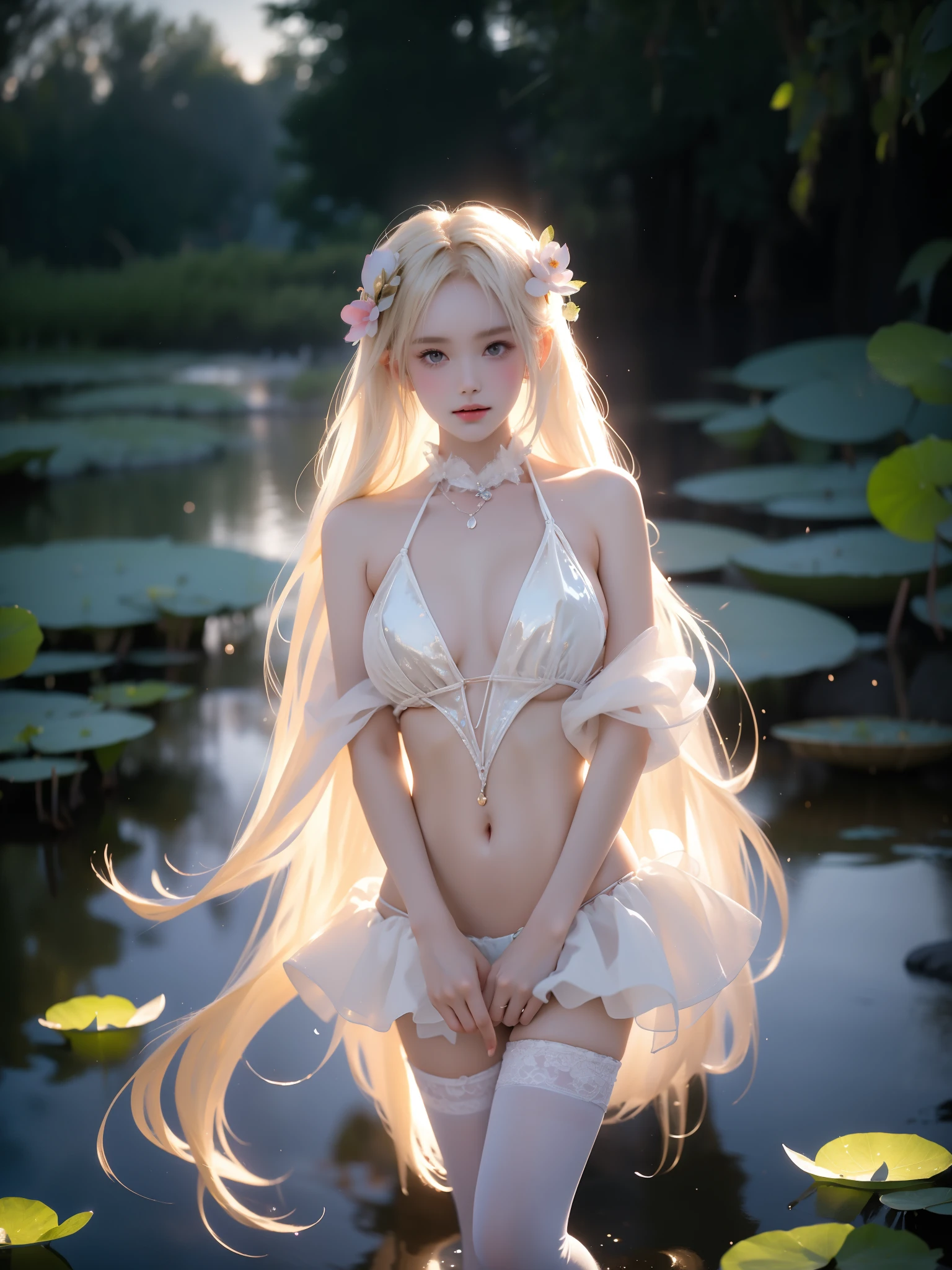 ruanyi0194-1,slingshot swimsuit,white thighhighs,hair ornament ,, A beautiful girl standing in a moonlit lake with water lilies, surrounded by soft ripples and shimmering reflections. Her long flowing hair gently moves with the breeze, glowing ethereally in the black night illuminated by fireflies. The scene captures a serene evening with a starry sky and a misty atmosphere. She has correct and elegant proportions, especially emphasizing her graceful, beautiful legs. revealing bare shoulders, and her delicate facial features display a peaceful expression. The water around her glows with cinematic lighting, creating a dreamy and mysterious mood, with photorealistic detail and a focus on the reflections on the water surface