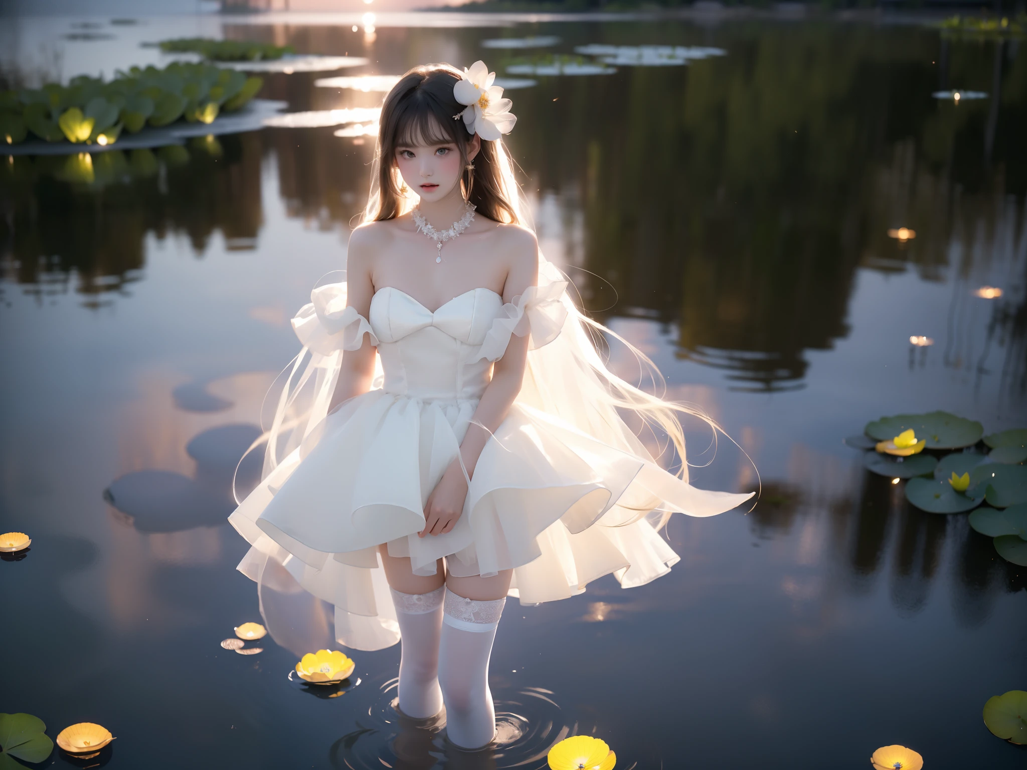 ruanyi0194-2,wedding dress,white thighhighs,hair ornament,white dress ,, A beautiful girl standing in a moonlit lake with water lilies, surrounded by soft ripples and shimmering reflections. Her long flowing hair gently moves with the breeze, glowing ethereally in the black night illuminated by fireflies. The scene captures a serene evening with a starry sky and a misty atmosphere. She has correct and elegant proportions, especially emphasizing her graceful, beautiful legs. revealing bare shoulders, and her delicate facial features display a peaceful expression. The water around her glows with cinematic lighting, creating a dreamy and mysterious mood, with photorealistic detail and a focus on the reflections on the water surface