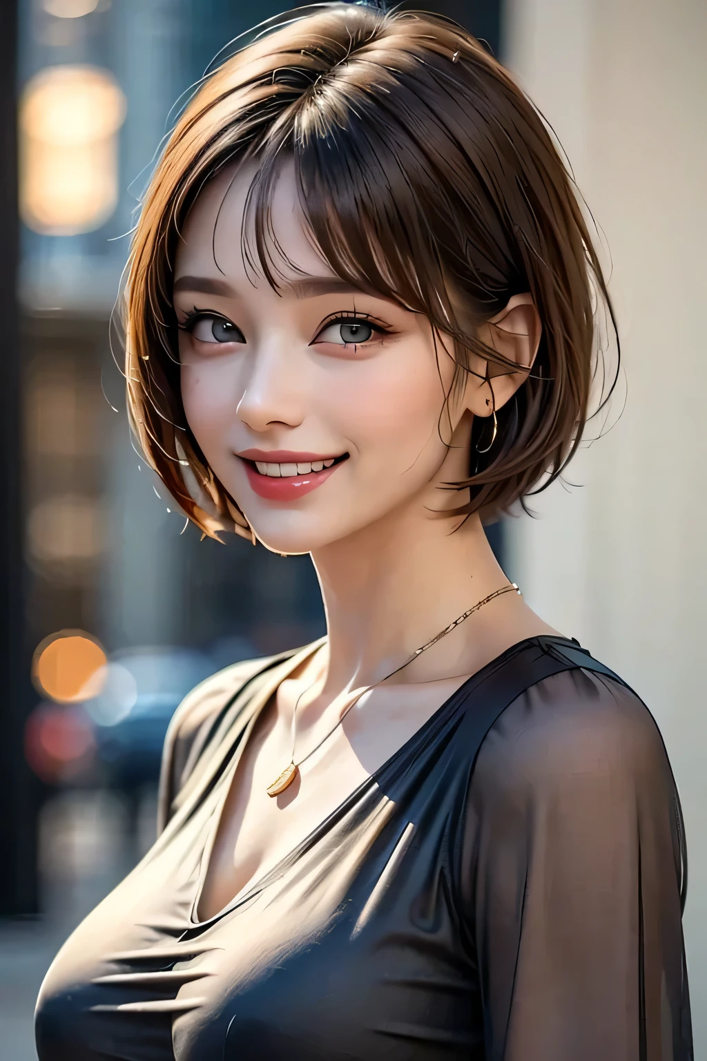 (1. Beautiful woman, Supermodel), (Perfect Anatomy), Anatomically correct body shape, (Cowboy Shot), Golden Ratio, (Best Quality:1.4), 32k resolution, (Realistic:1.5), (超Realistic:1.5), High resolution UHD, (masterpiece:1.2)), (Best Quality:1.4), (Very beautiful facial details), (Grin), (Best QualityのRealisticな肌のテクスチャ), ((Random color silk dress:1.37)), Big earrings, necklace, (Huge breasts:1.3), Very detailed, Beautiful Eyes, Double eyelids, eyelash, Shaping your eyebrows, ((Very detailed)), Red cheeks, Ultra-realistic eyes, Perfect Lips, Perfect Eyes, Perfect Iris, Natural Makeup, [Pink lipstick], ((Best QualityのBeautiful Eyes:1.2)), (Beautiful Lips:1.33), (Great nose:1.2), (brunette pixie cut), ((Realistic)), ((Sharp focus)), (Highest Resolution), ((The most ridiculous quality)), ((masterpiece)), Professional Cinema Lighting
