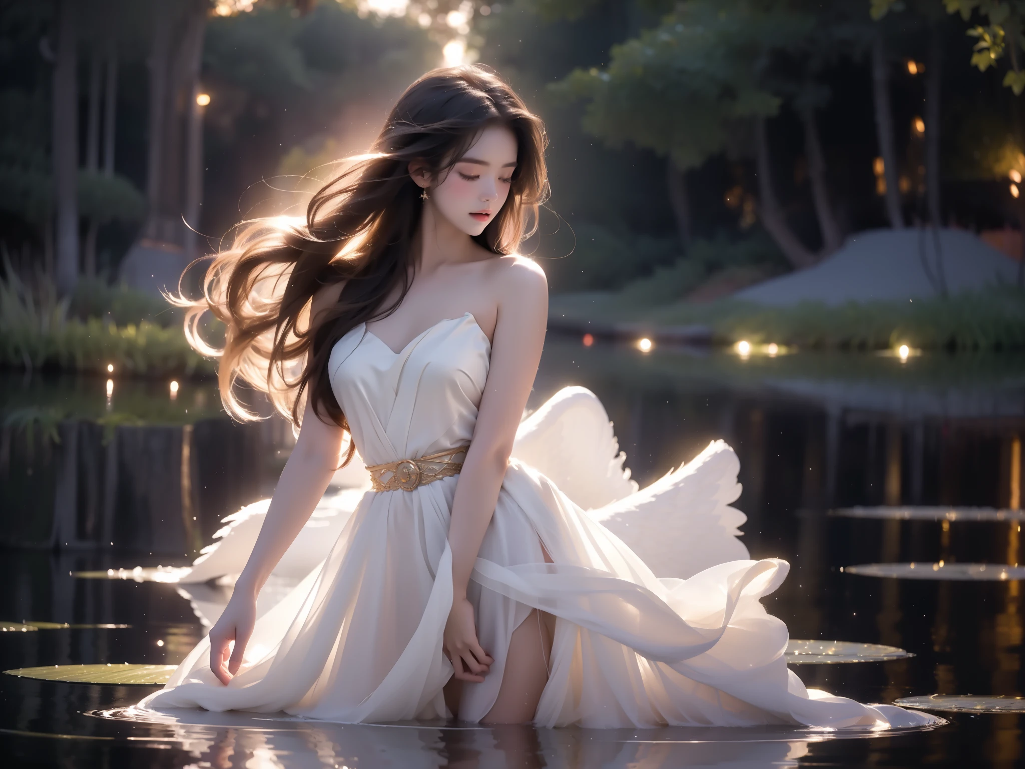 angel,, A beautiful girl standing in a moonlit lake with water lilies, surrounded by soft ripples and shimmering reflections. Her long flowing hair gently moves with the breeze, glowing ethereally in the black night illuminated by fireflies. The scene captures a serene evening with a starry sky and a misty atmosphere. She has correct and elegant proportions, especially emphasizing her graceful, beautiful legs. revealing bare shoulders, and her delicate facial features display a peaceful expression. The water around her glows with cinematic lighting, creating a dreamy and mysterious mood, with photorealistic detail and a focus on the reflections on the water surface