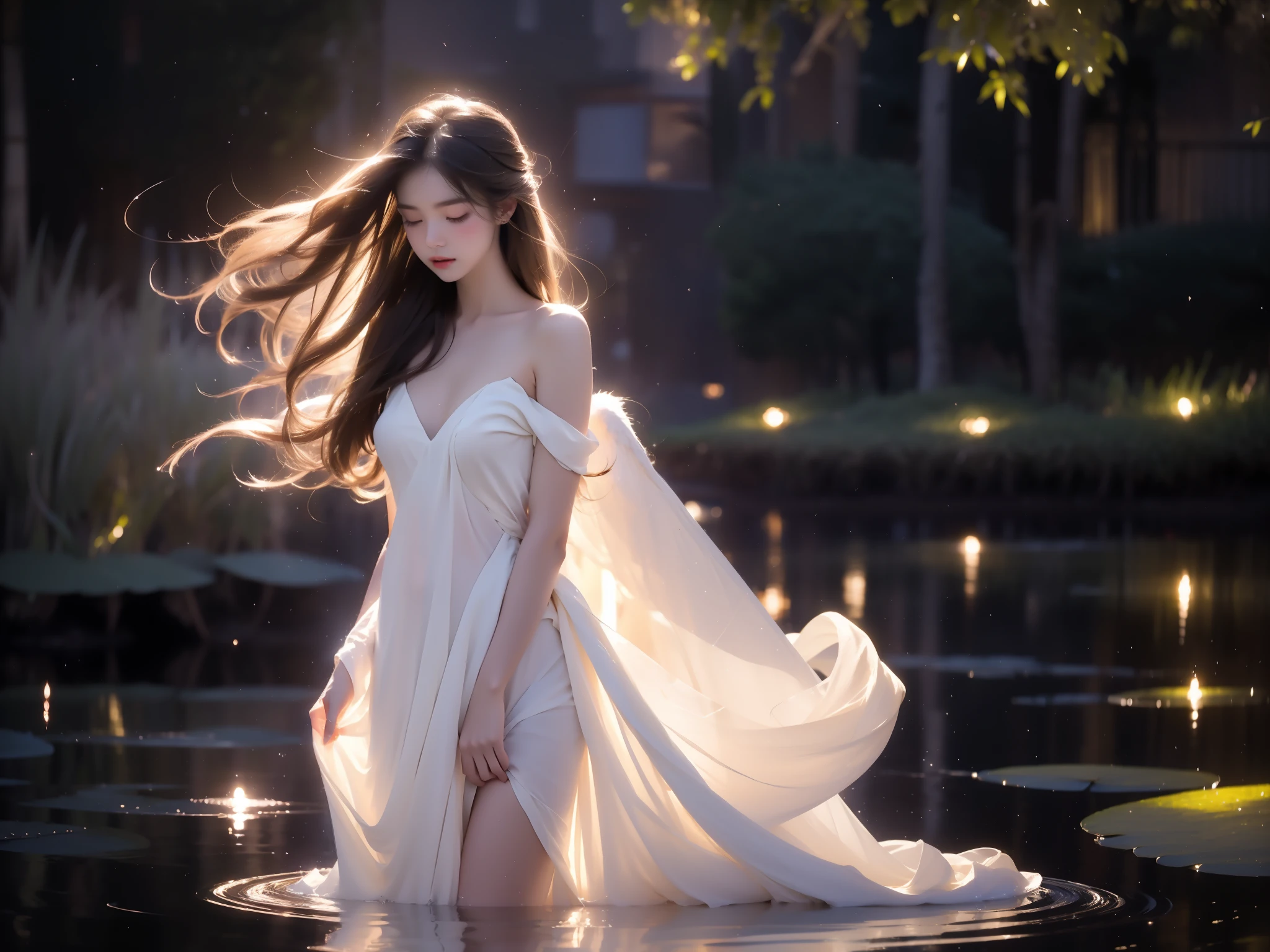 angel,, A beautiful girl standing in a moonlit lake with water lilies, surrounded by soft ripples and shimmering reflections. Her long flowing hair gently moves with the breeze, glowing ethereally in the black night illuminated by fireflies. The scene captures a serene evening with a starry sky and a misty atmosphere. She has correct and elegant proportions, especially emphasizing her graceful, beautiful legs. revealing bare shoulders, and her delicate facial features display a peaceful expression. The water around her glows with cinematic lighting, creating a dreamy and mysterious mood, with photorealistic detail and a focus on the reflections on the water surface