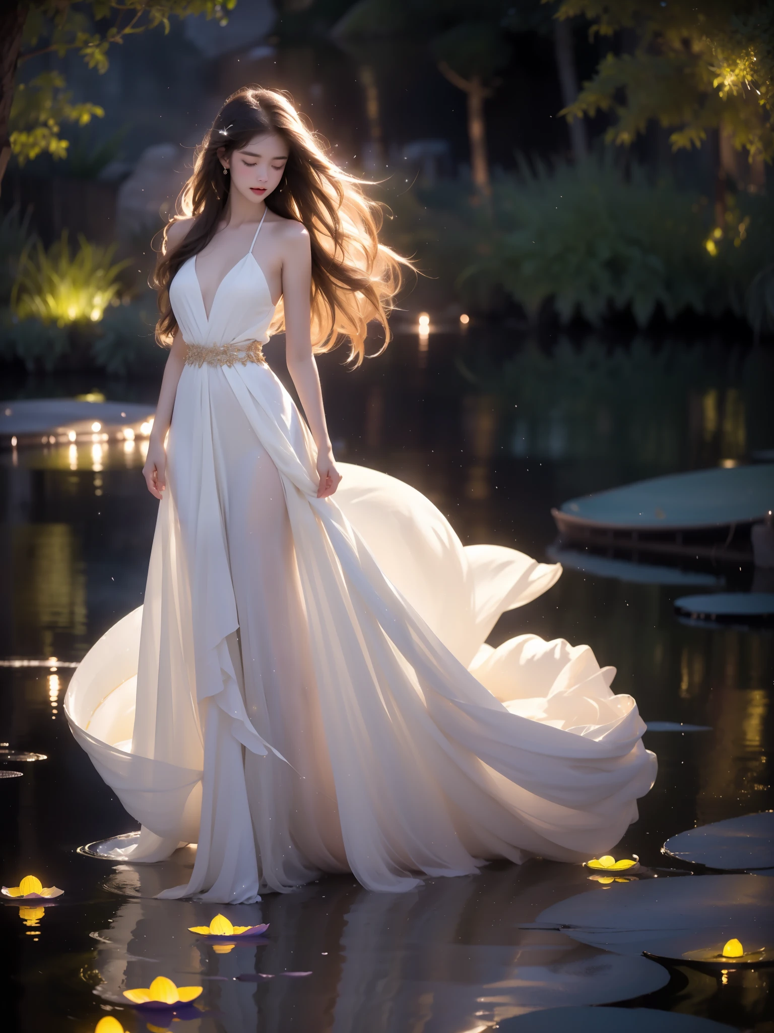 angel,, A beautiful girl standing in a moonlit lake with water lilies, surrounded by soft ripples and shimmering reflections. Her long flowing hair gently moves with the breeze, glowing ethereally in the black night illuminated by fireflies. The scene captures a serene evening with a starry sky and a misty atmosphere. She has correct and elegant proportions, especially emphasizing her graceful, beautiful legs. revealing bare shoulders, and her delicate facial features display a peaceful expression. The water around her glows with cinematic lighting, creating a dreamy and mysterious mood, with photorealistic detail and a focus on the reflections on the water surface
