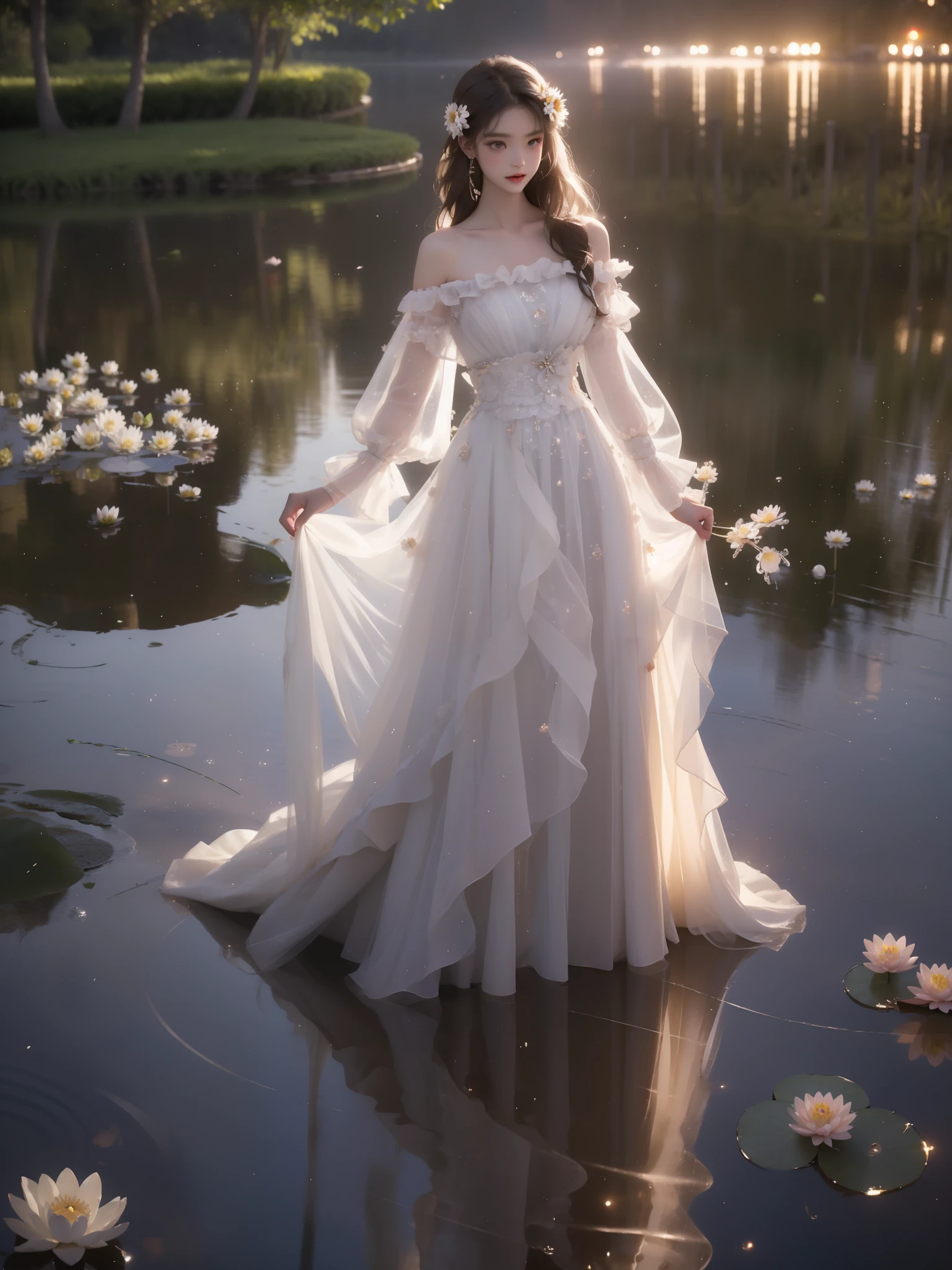 dress, bouffont dress, transparent long sleeves, daisies, cherry,,, A beautiful girl standing in a moonlit lake with water lilies, surrounded by soft ripples and shimmering reflections. Her long flowing hair gently moves with the breeze, glowing ethereally in the black night illuminated by fireflies. The scene captures a serene evening with a starry sky and a misty atmosphere. She has correct and elegant proportions, especially emphasizing her graceful, beautiful legs. revealing bare shoulders, and her delicate facial features display a peaceful expression. The water around her glows with cinematic lighting, creating a dreamy and mysterious mood, with photorealistic detail and a focus on the reflections on the water surface