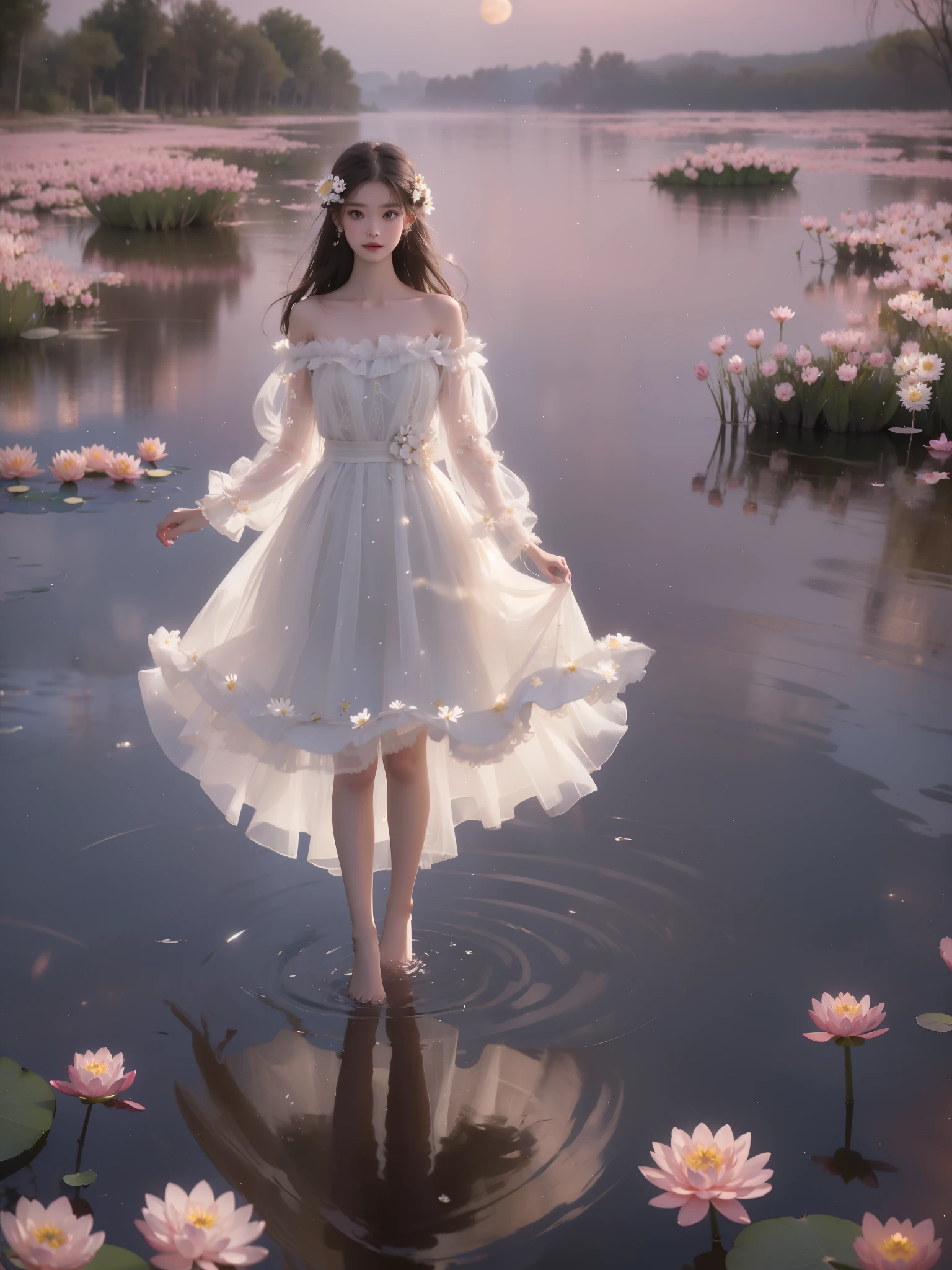 dress, bouffont dress, transparent long sleeves, daisies, cherry,,, A beautiful girl standing in a moonlit lake with water lilies, surrounded by soft ripples and shimmering reflections. Her long flowing hair gently moves with the breeze, glowing ethereally in the black night illuminated by fireflies. The scene captures a serene evening with a starry sky and a misty atmosphere. She has correct and elegant proportions, especially emphasizing her graceful, beautiful legs. revealing bare shoulders, and her delicate facial features display a peaceful expression. The water around her glows with cinematic lighting, creating a dreamy and mysterious mood, with photorealistic detail and a focus on the reflections on the water surface