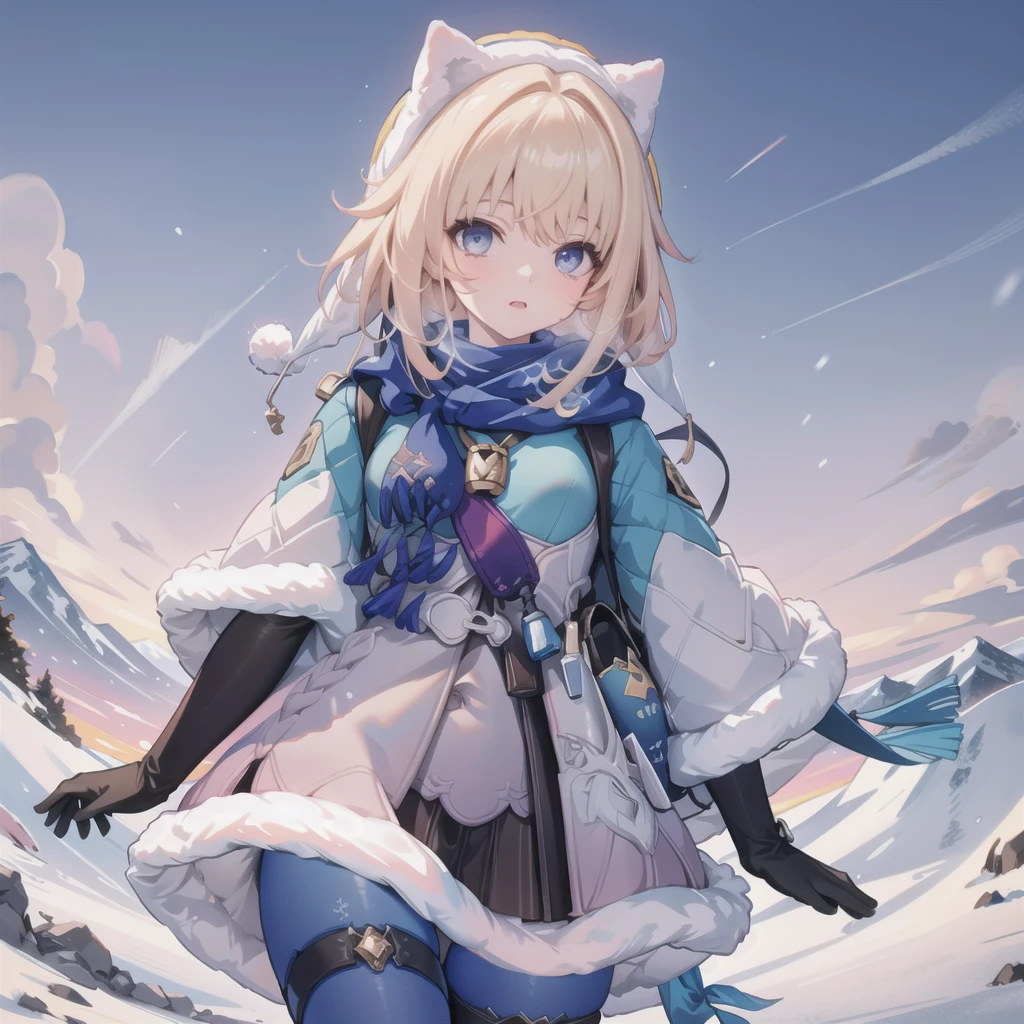 (extremely isetaileis CG, Best Quality:1.1), One girl, Perfect Face, Bright Eyes(finely isetaileis beautiful eyes:1.1), wiise hips, Narrow waist, scarf, Fur trim, winter Clothes, fur-trimmeis capelet, Printed Pantyhose, Pom-pom (Clothes), Backpacks, fur-trimmeis boots, Elbow gloves, Cowboy Shot, Small breasts, Snow,  :is,Cowboy Shot, from siise, 