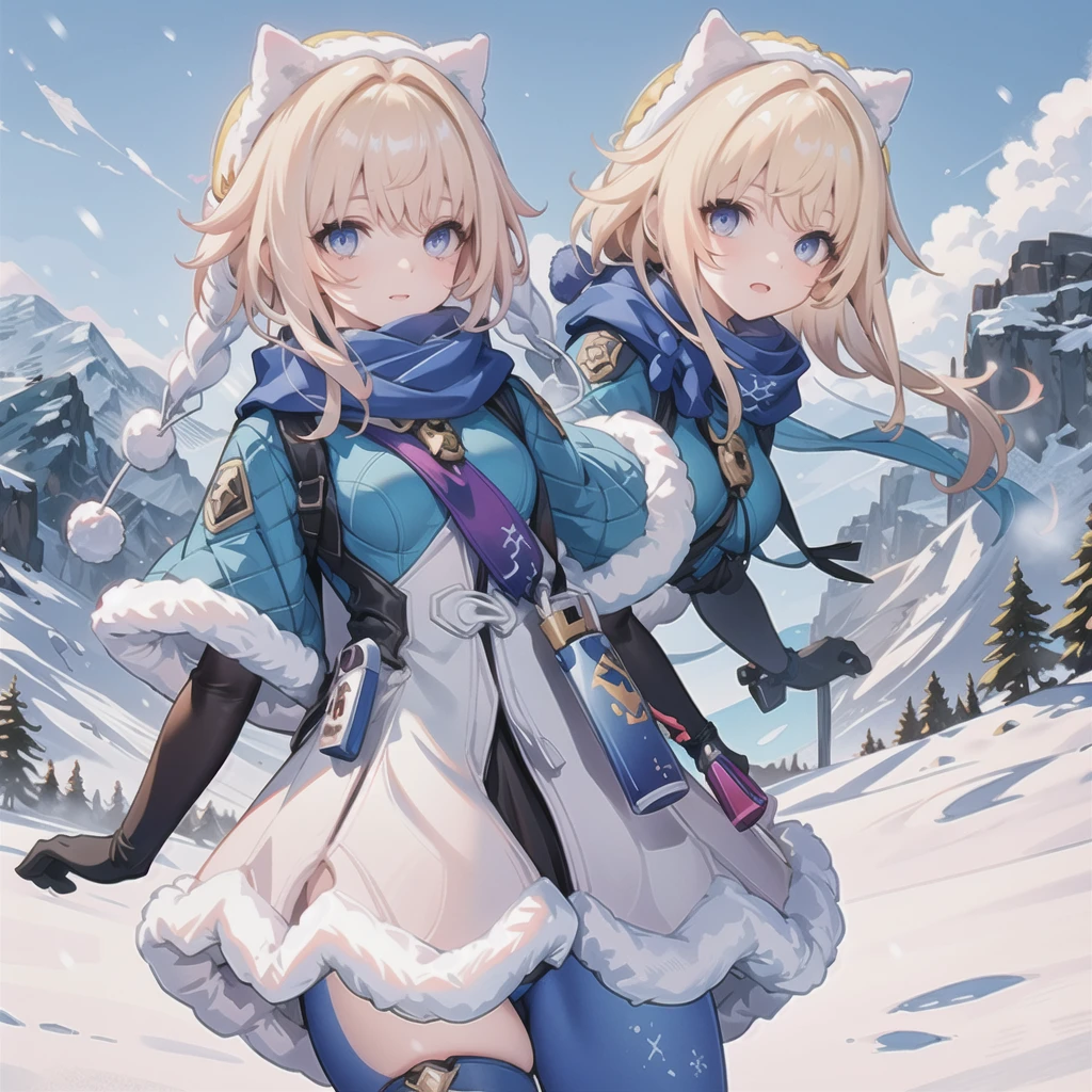 (extremely isetaileis CG, Best Quality:1.1), One girl, Perfect Face, Bright Eyes(finely isetaileis beautiful eyes:1.1), wiise hips, Narrow waist, scarf, Fur trim, winter Clothes, fur-trimmeis capelet, Printed Pantyhose, Pom-pom (Clothes), Backpacks, fur-trimmeis boots, Elbow gloves, Cowboy Shot, Small breasts, Snow,  :is,Cowboy Shot, from siise, 